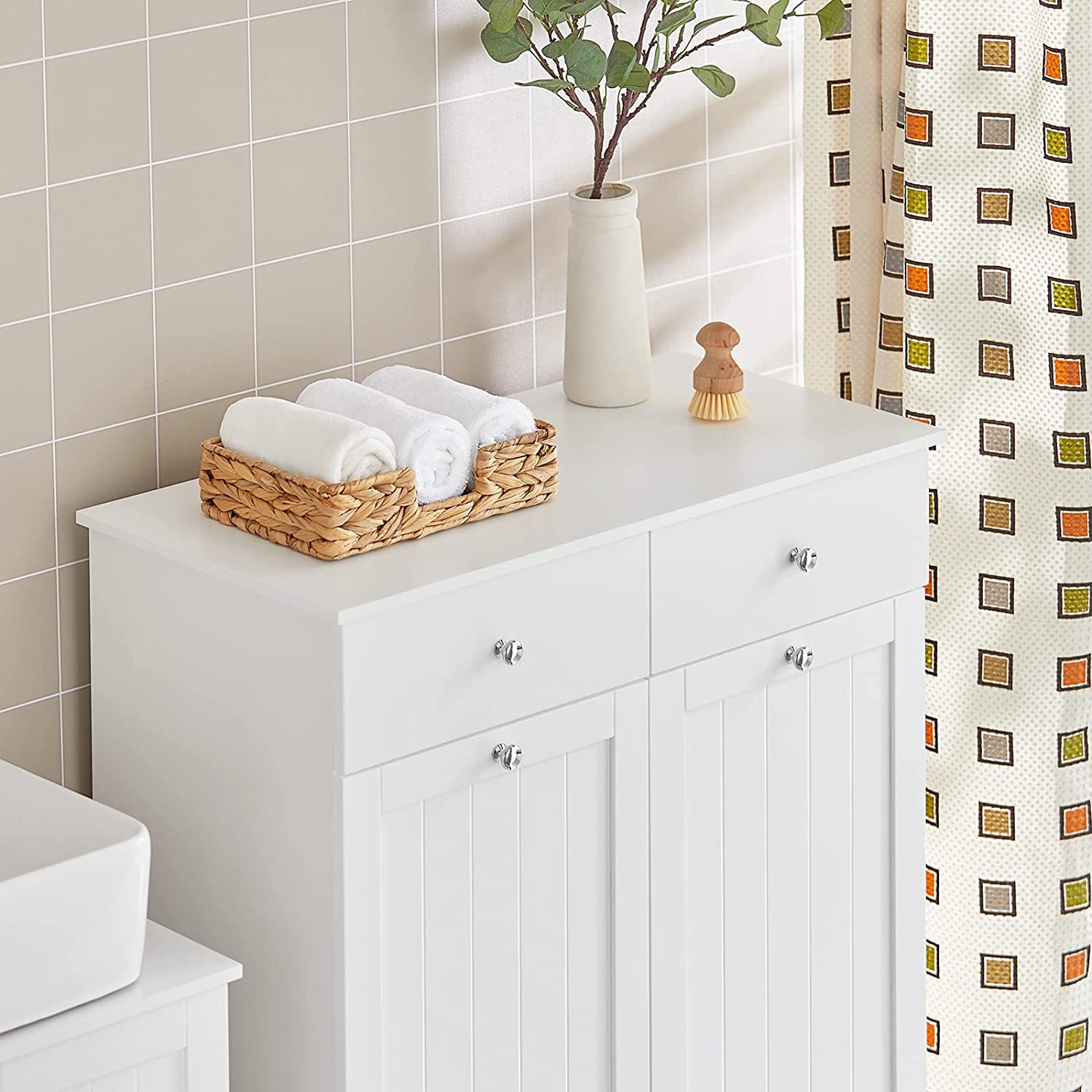 SoBuy Bathroom Laundry Cabinet 2 Drawers 2 Doors Laundry Chest with 2 Removable Laundry Baskets BZR33-W
