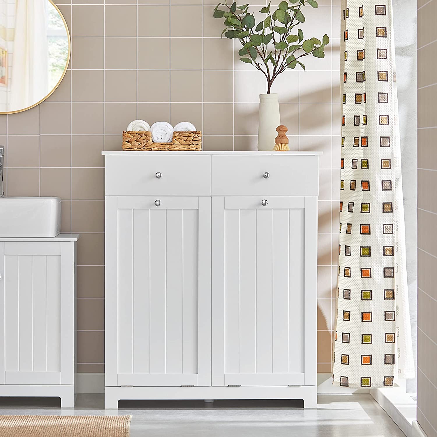 SoBuy Bathroom Laundry Cabinet 2 Drawers 2 Doors Laundry Chest with 2 Removable Laundry Baskets BZR33-W