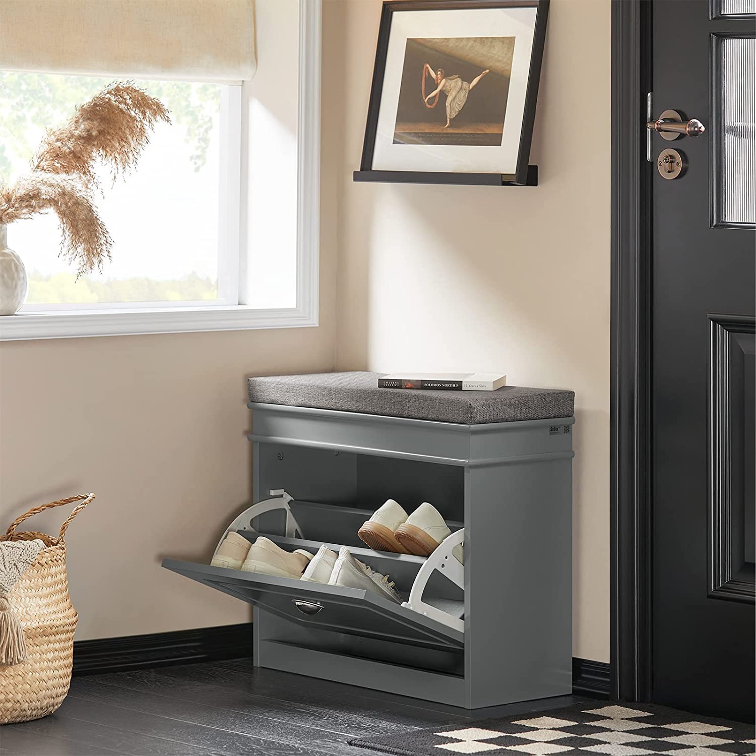 SoBuy FSR82-K-HG,Shoe Cabinet,Hallway Shoe Bench Shoe Rack Shoe Cabinet with Flip-Drawer and Seat Cushion,Grey
