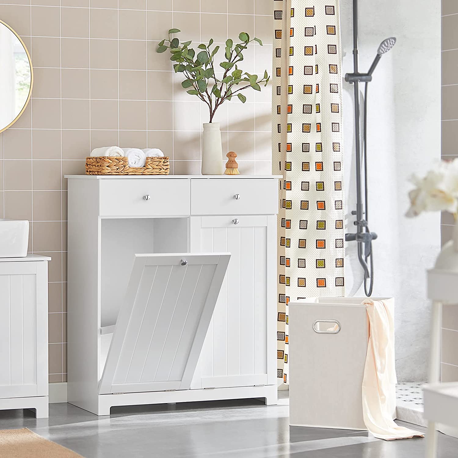 SoBuy Bathroom Laundry Cabinet 2 Drawers 2 Doors Laundry Chest with 2 Removable Laundry Baskets BZR33-W
