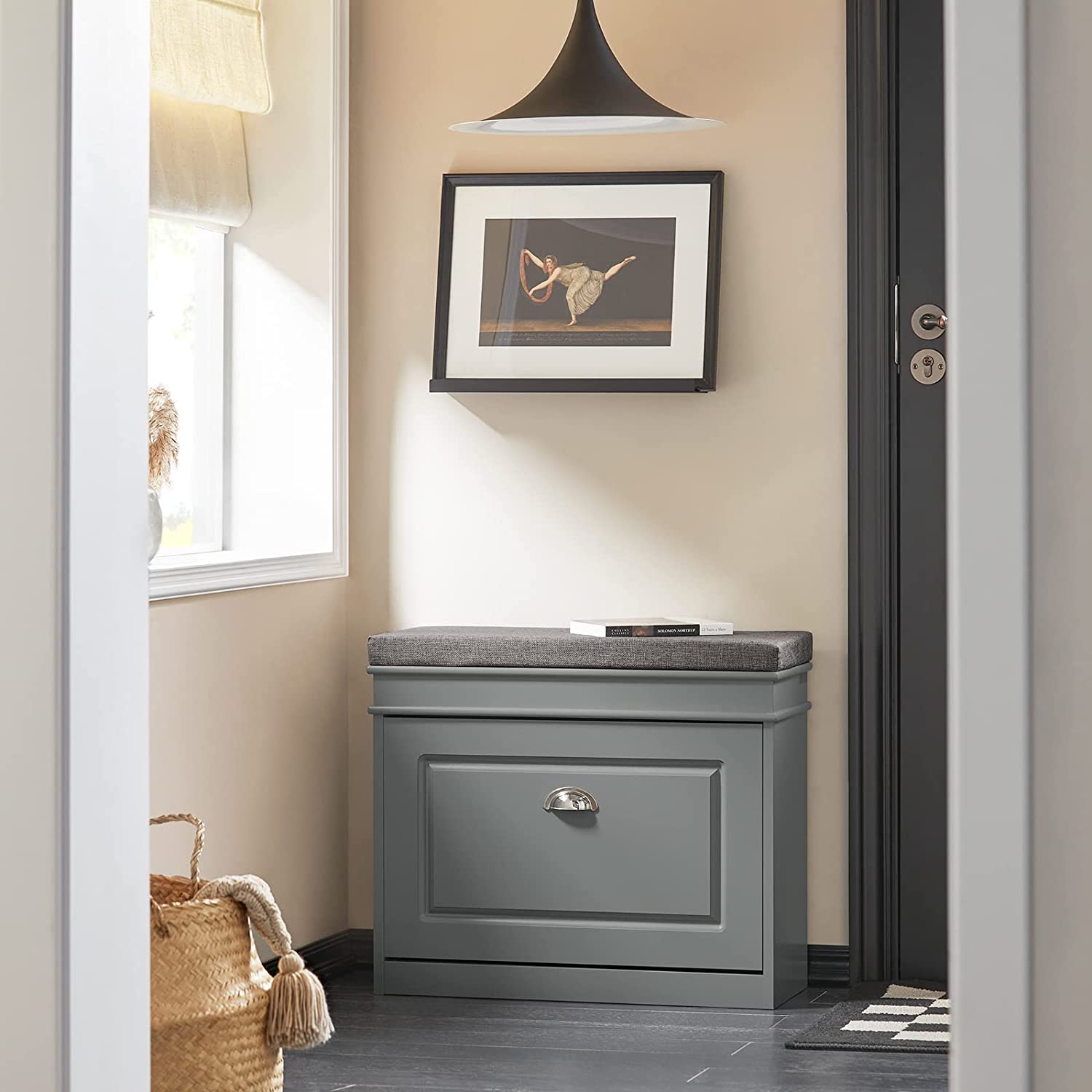 SoBuy FSR82-K-HG,Shoe Cabinet,Hallway Shoe Bench Shoe Rack Shoe Cabinet with Flip-Drawer and Seat Cushion,Grey