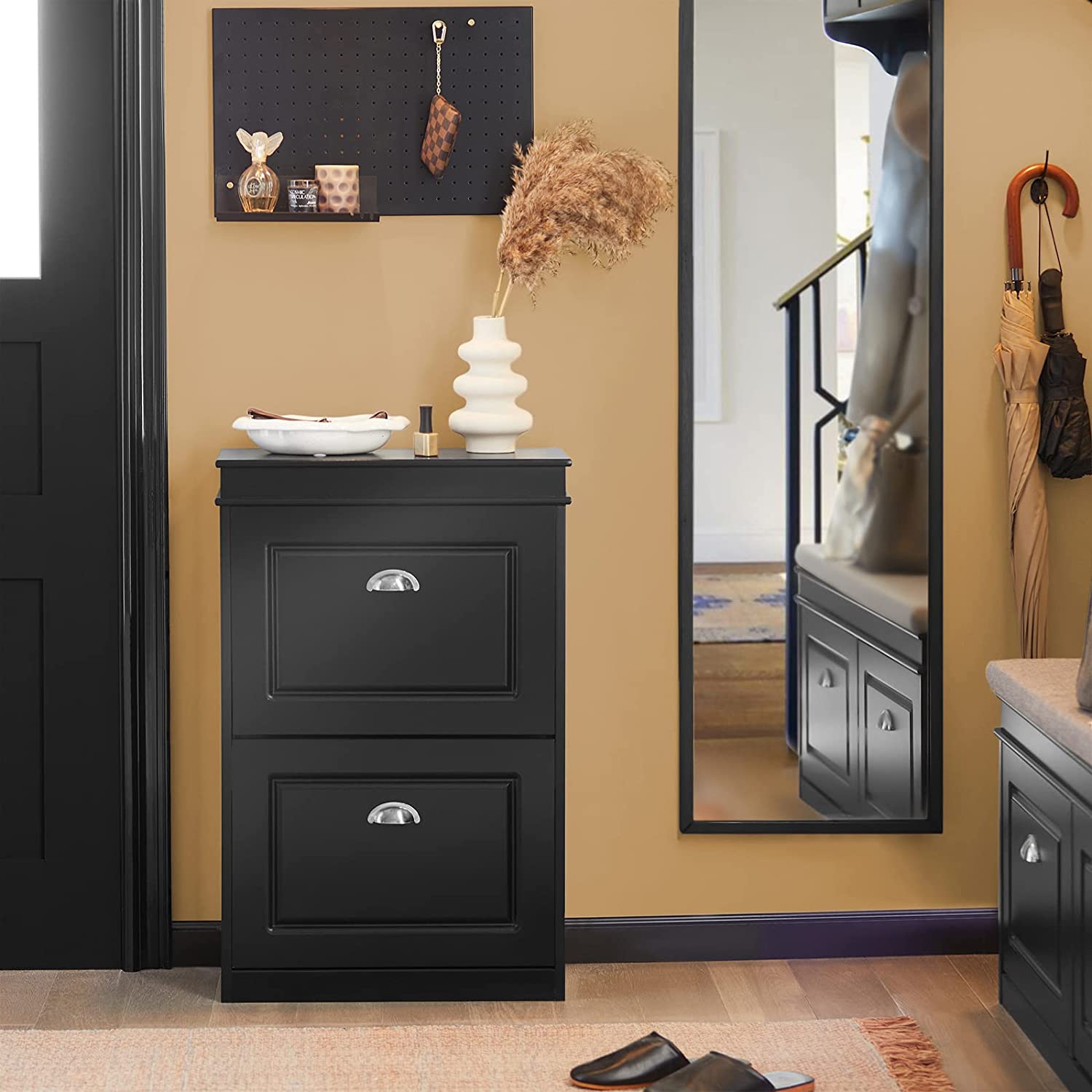 SoBuy FSR78-SCH,2 Drawers Shoe Cabinet Shoe Rack Shoe Storage Cupboard Organizer Unit,Black
