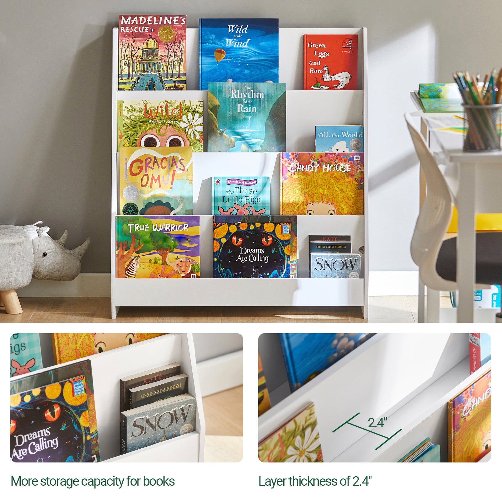 SoBuy Children's Bookcase Newspaper Rack with 4 Shelves Storage Shelf for Children KMB32-W
