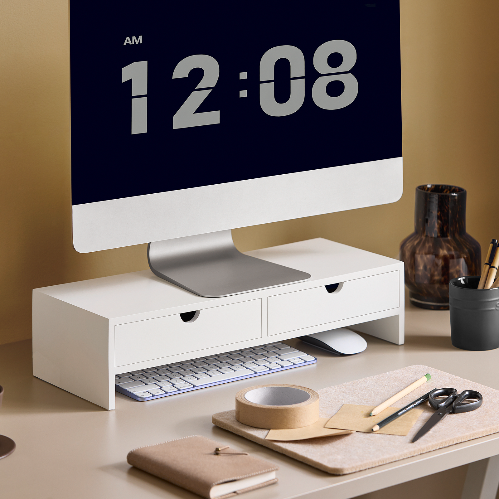SoBuy Monitor Stand Computer Screen Monitor Stand Monitor Riser Desk Organizer 2 Drawers White,BBF02-W