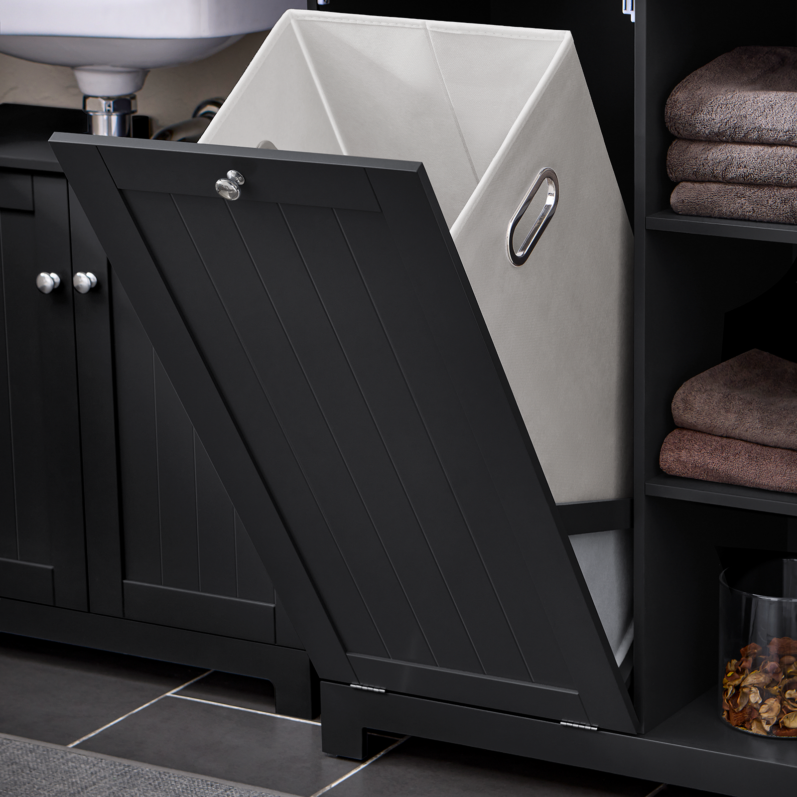 SoBuy Bathroom Tall Cupboard Storage Cabinet with Laundry Basket Laundry Chest BZR104-SCH