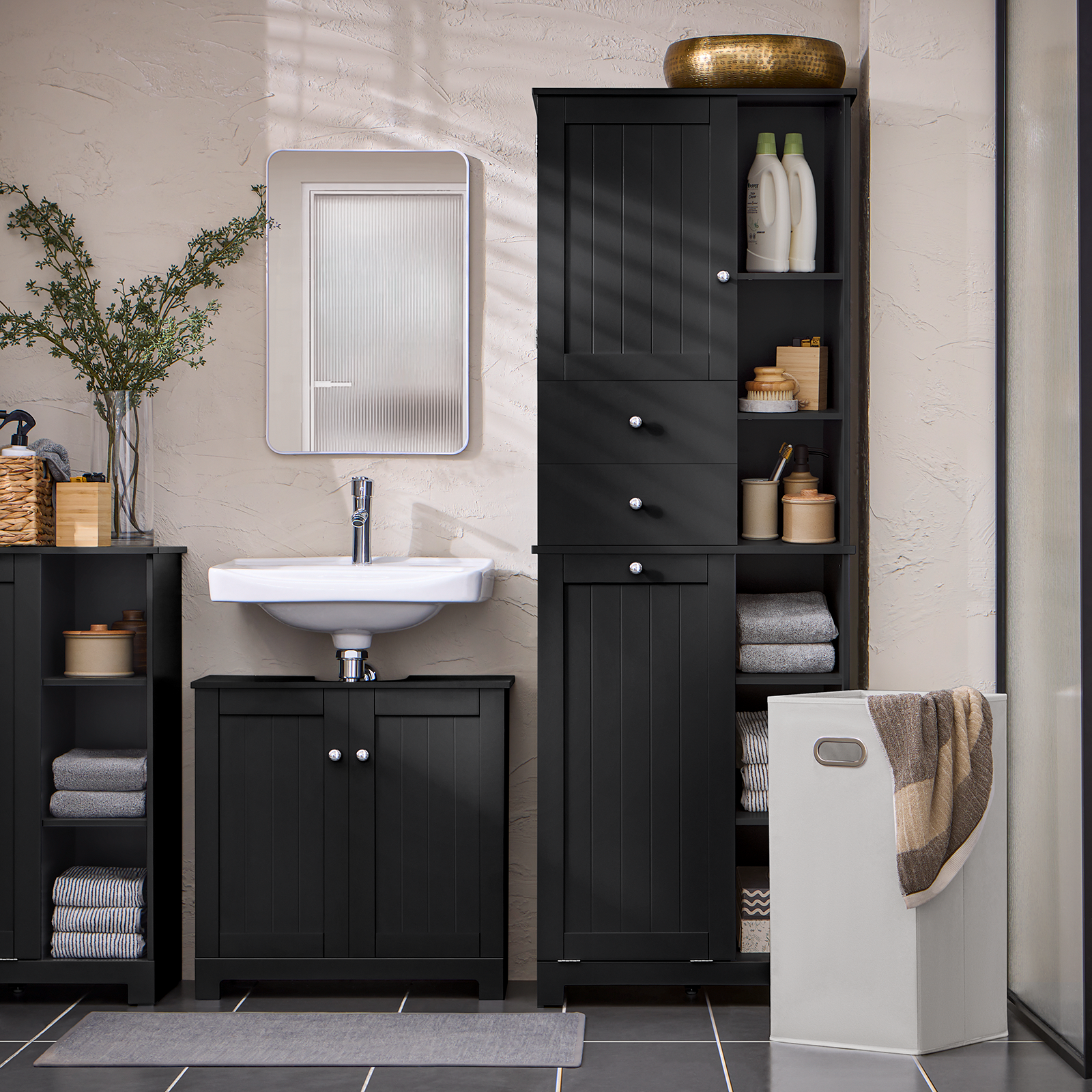 SoBuy Bathroom Tall Cupboard Storage Cabinet with Laundry Basket Laundry Chest BZR104-SCH