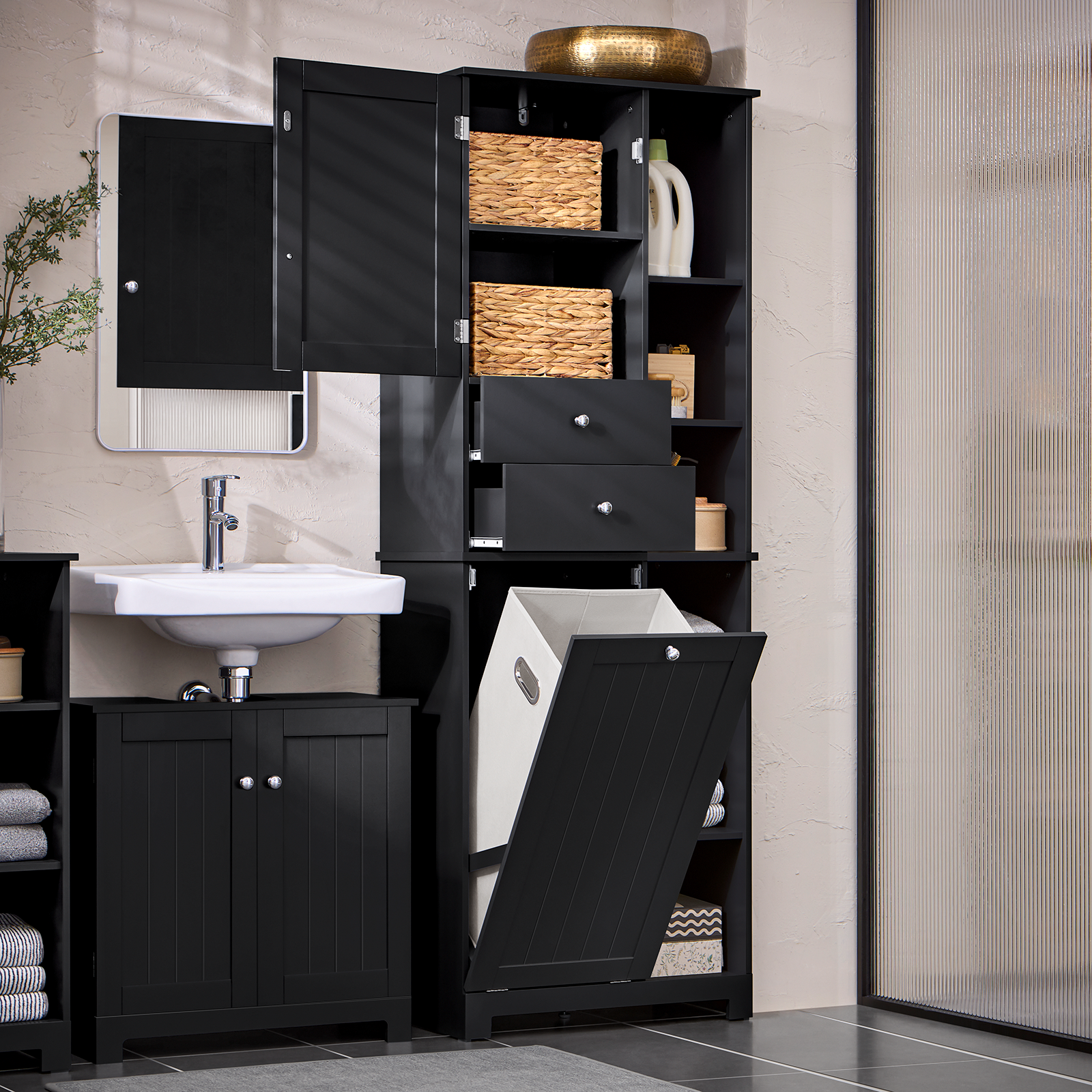 SoBuy Bathroom Tall Cupboard Storage Cabinet with Laundry Basket Laundry Chest BZR104-SCH