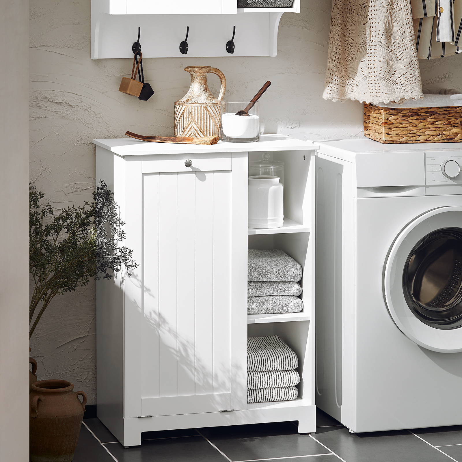 SoBuy BZR105-W Laundry Cabinet Chest Bathroom Storage Cabinet With Laundry Basket