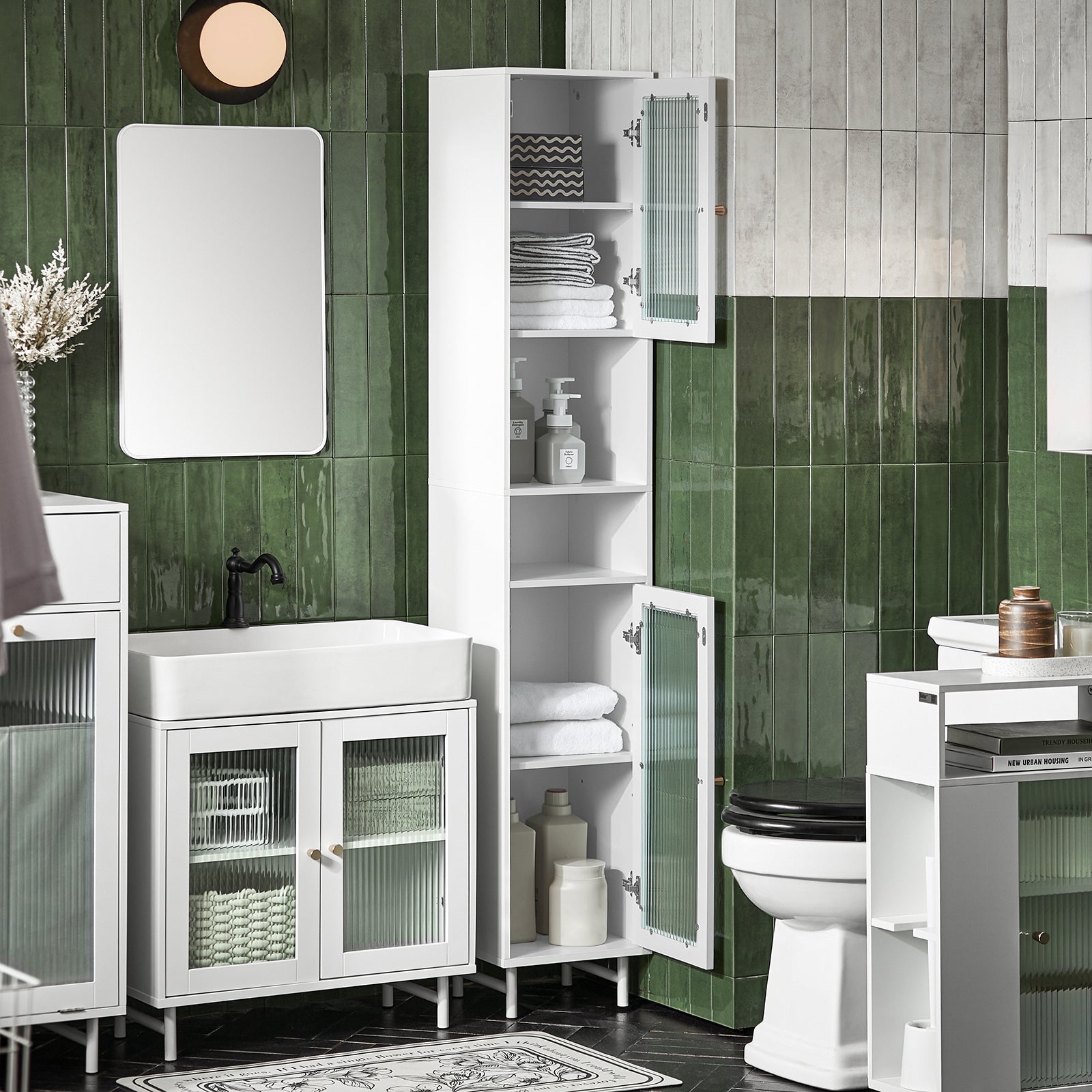 SoBuy BZR118-W, Bathroom Tall Cabinet Tall Cupboard Storage Cabinet with 2 Glass Doors