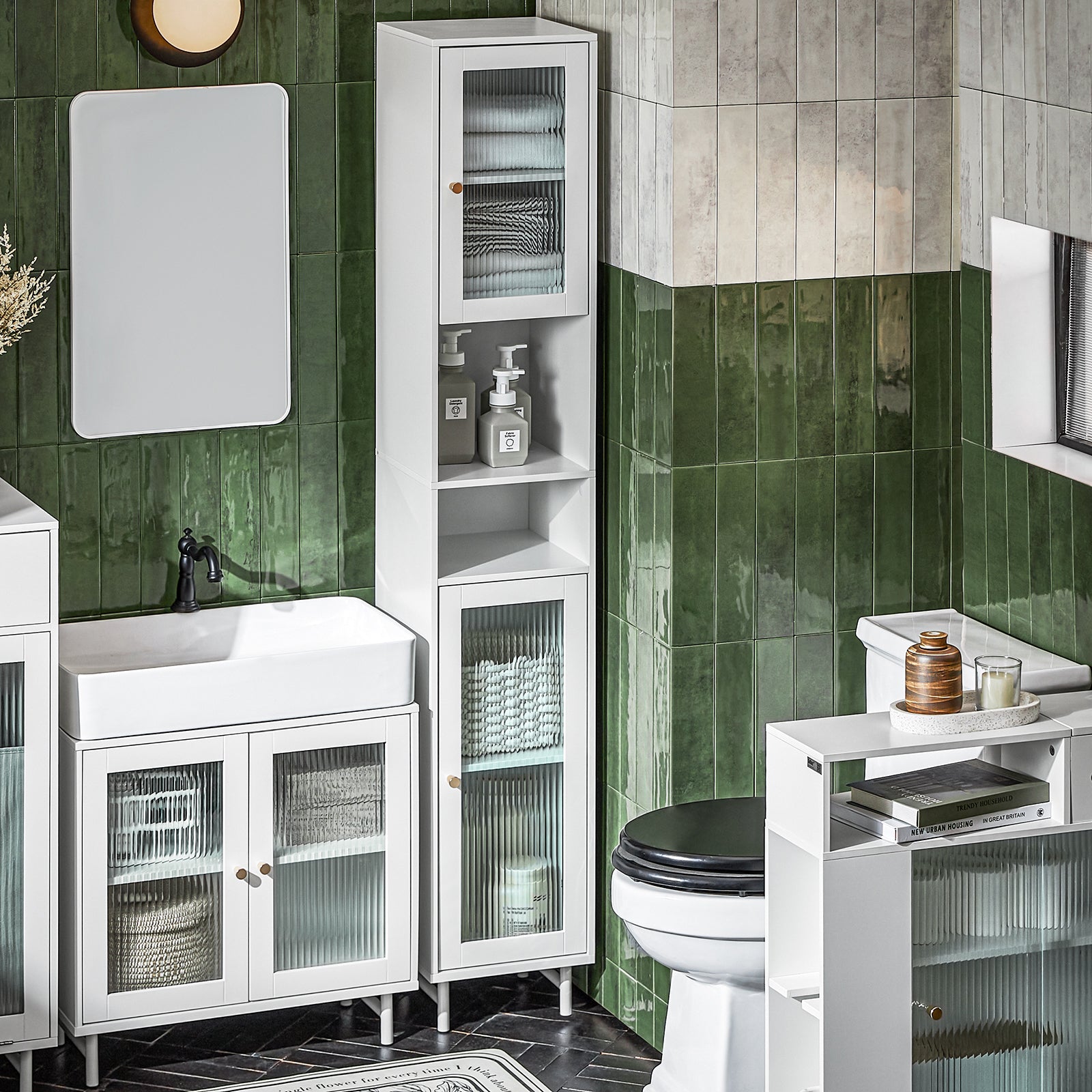 SoBuy BZR118-W, Bathroom Tall Cabinet Tall Cupboard Storage Cabinet with 2 Glass Doors