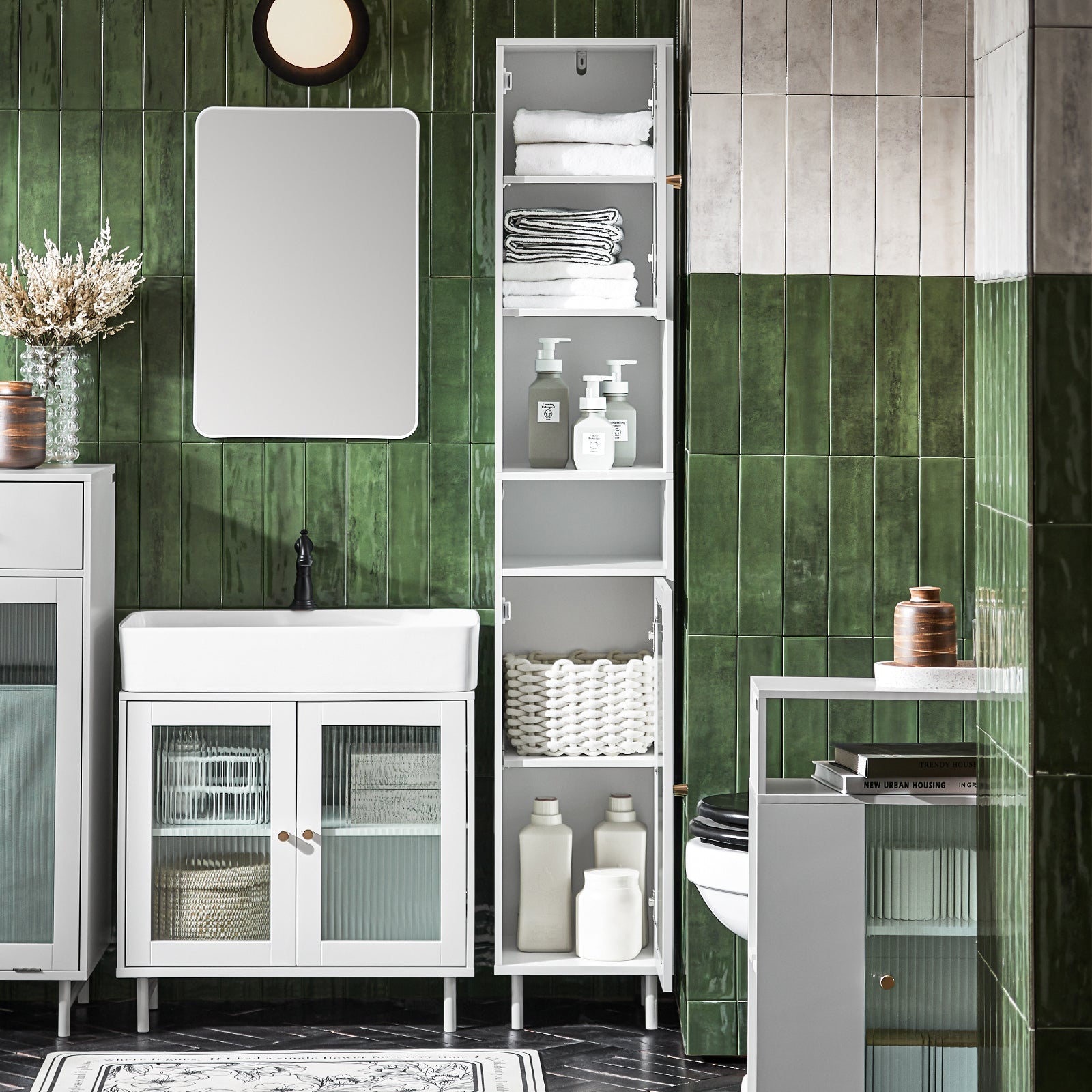 SoBuy BZR118-W, Bathroom Tall Cabinet Tall Cupboard Storage Cabinet with 2 Glass Doors