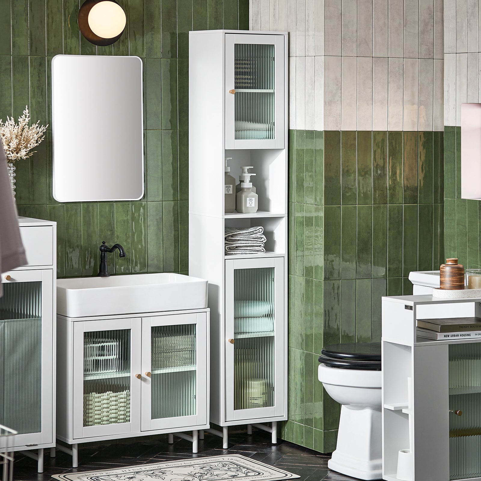SoBuy BZR118-W, Bathroom Tall Cabinet Tall Cupboard Storage Cabinet with 2 Glass Doors