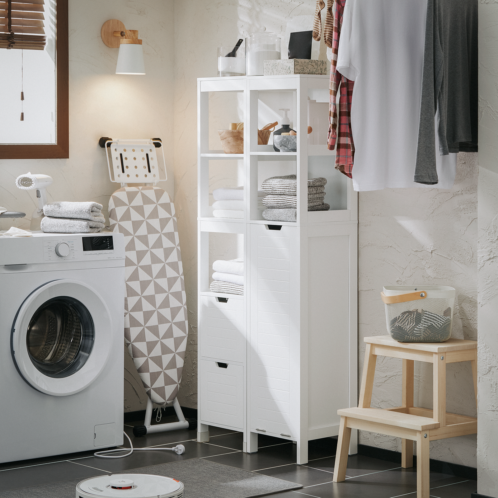 SoBuy BZR123-W, Bathroom Tall Cabinet Bathroom Storage Cabinet With Laundry Basket