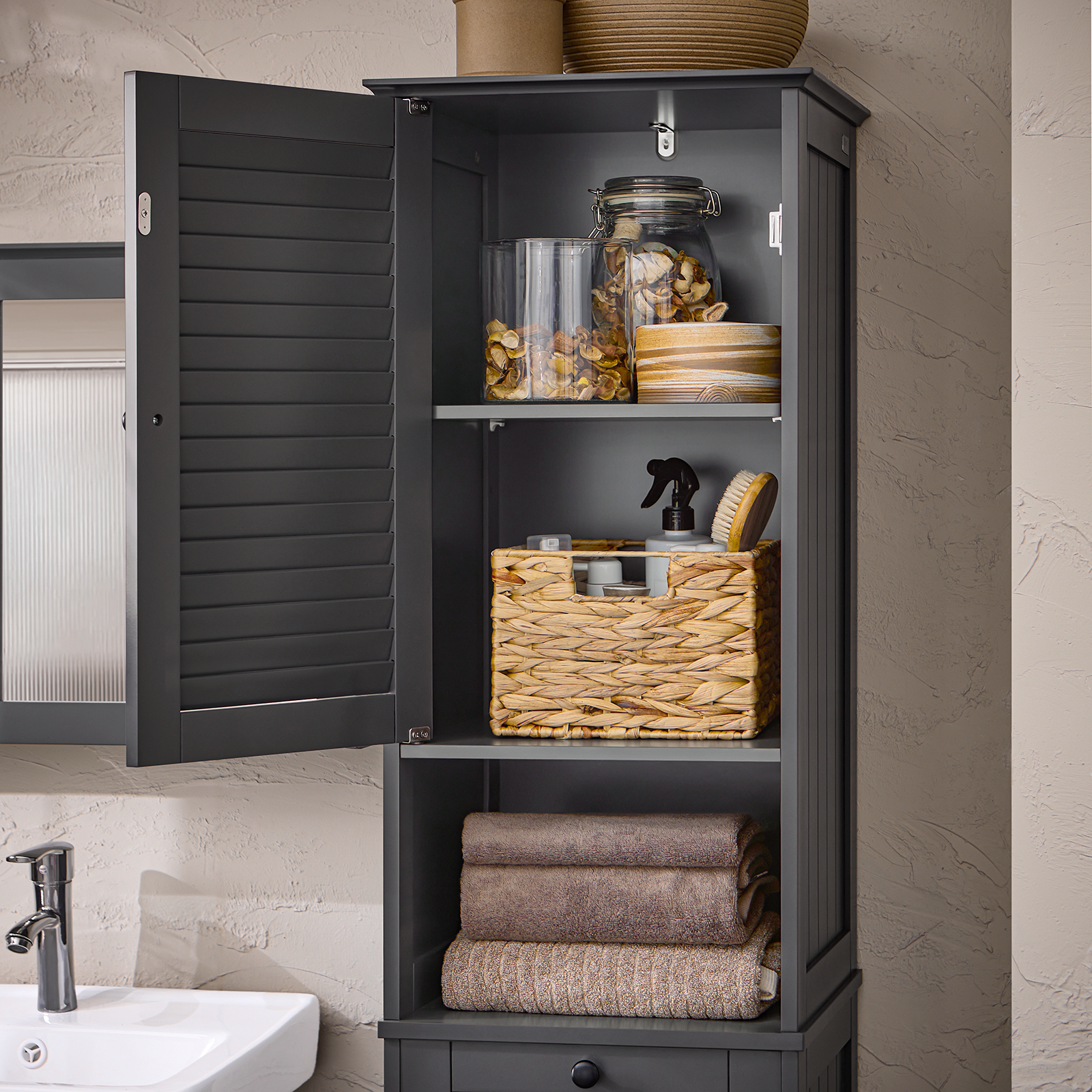 SoBuy BZR124-DG Bathroom Tall Cupboard Storage Cabinet with Laundry Basket Laundry Chest