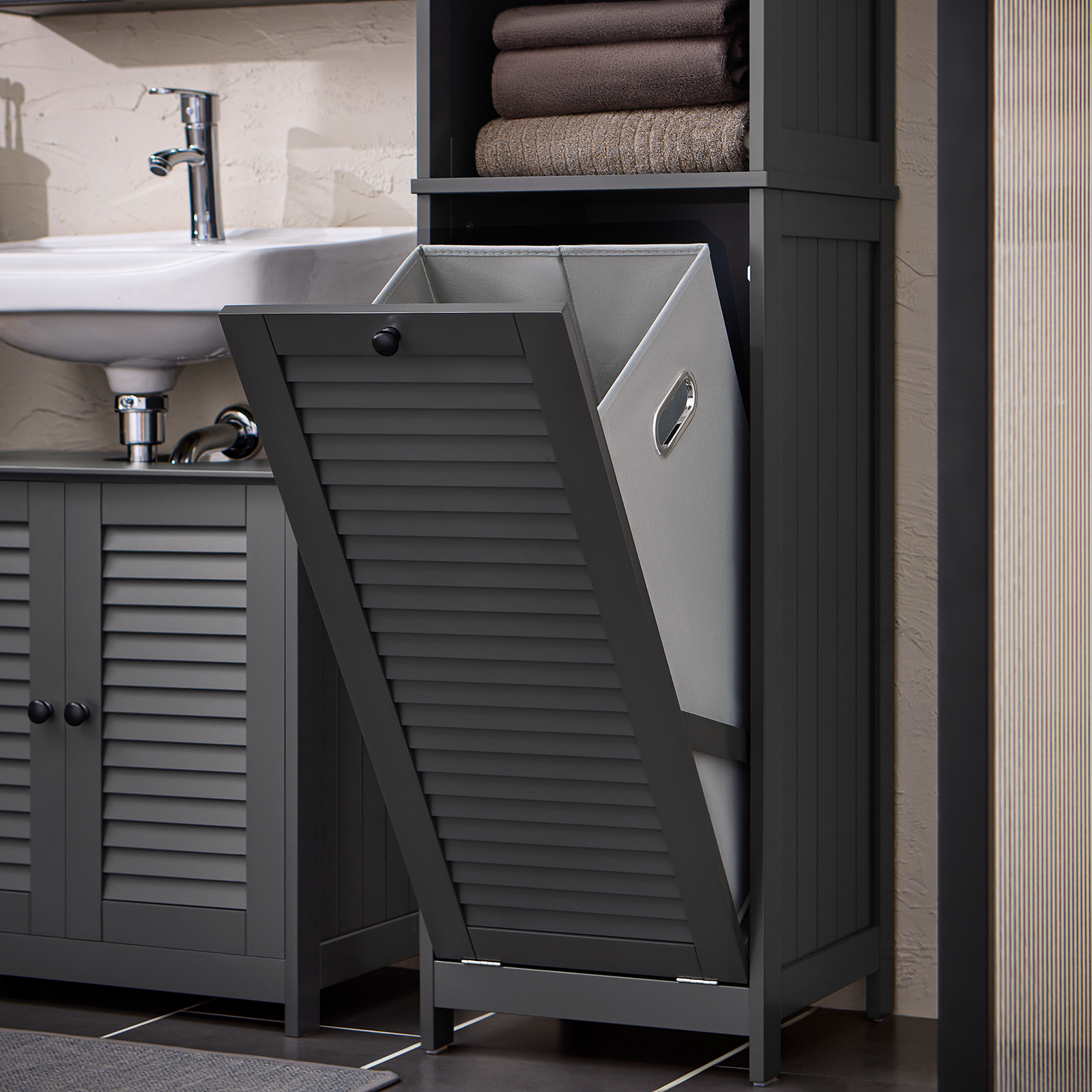 SoBuy BZR124-DG Bathroom Tall Cupboard Storage Cabinet with Laundry Basket Laundry Chest