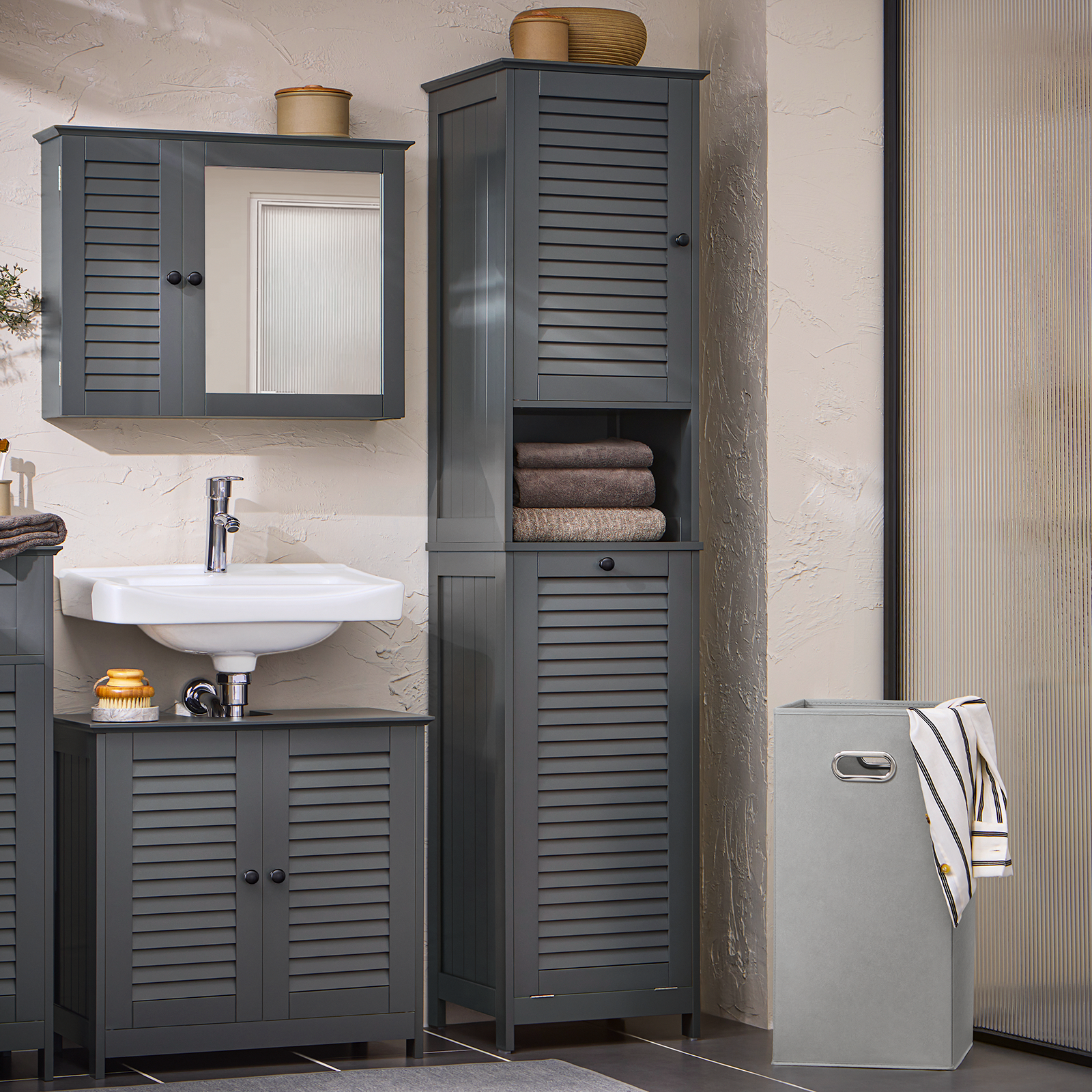 SoBuy BZR124-DG Bathroom Tall Cupboard Storage Cabinet with Laundry Basket Laundry Chest