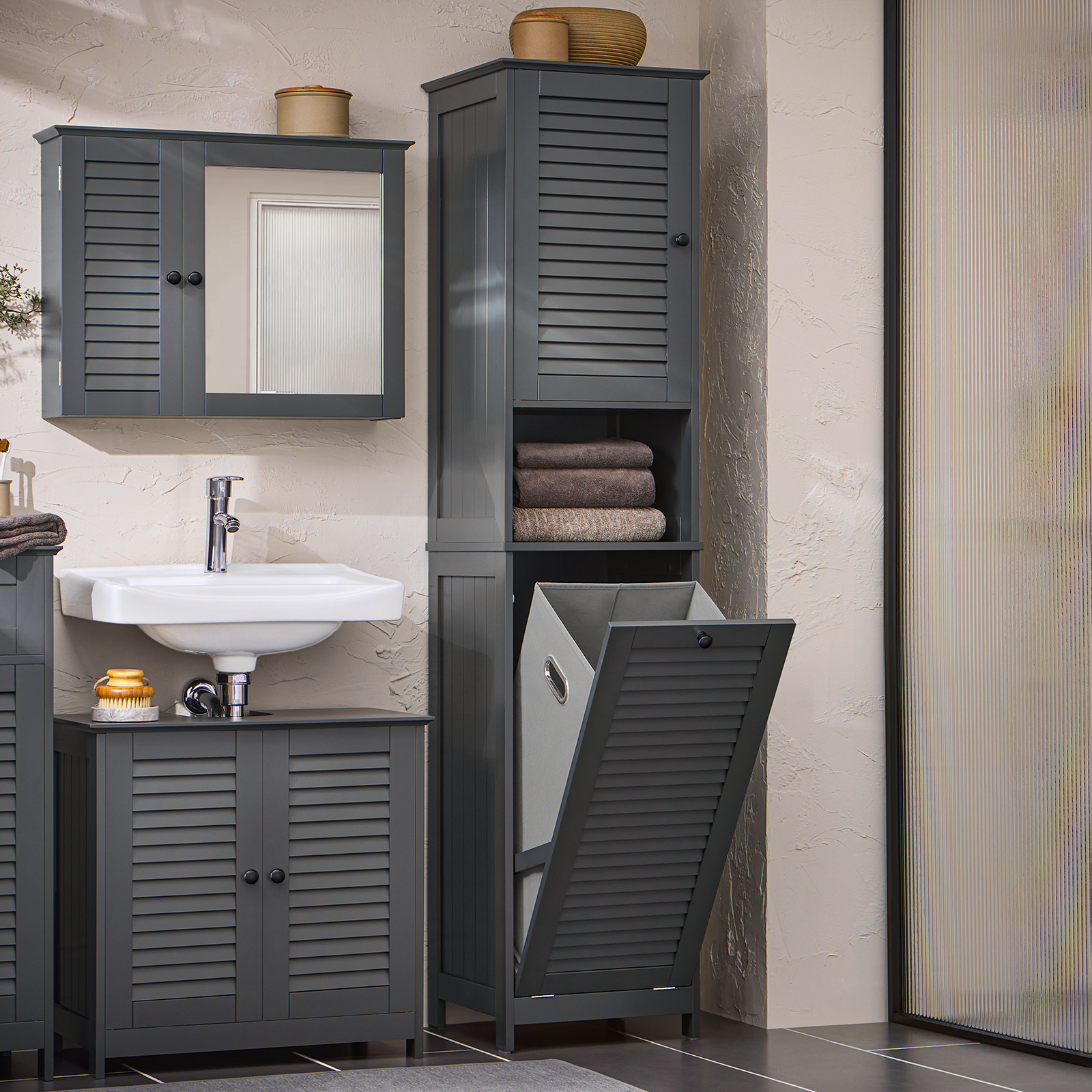 SoBuy BZR124-DG Bathroom Tall Cupboard Storage Cabinet with Laundry Basket Laundry Chest