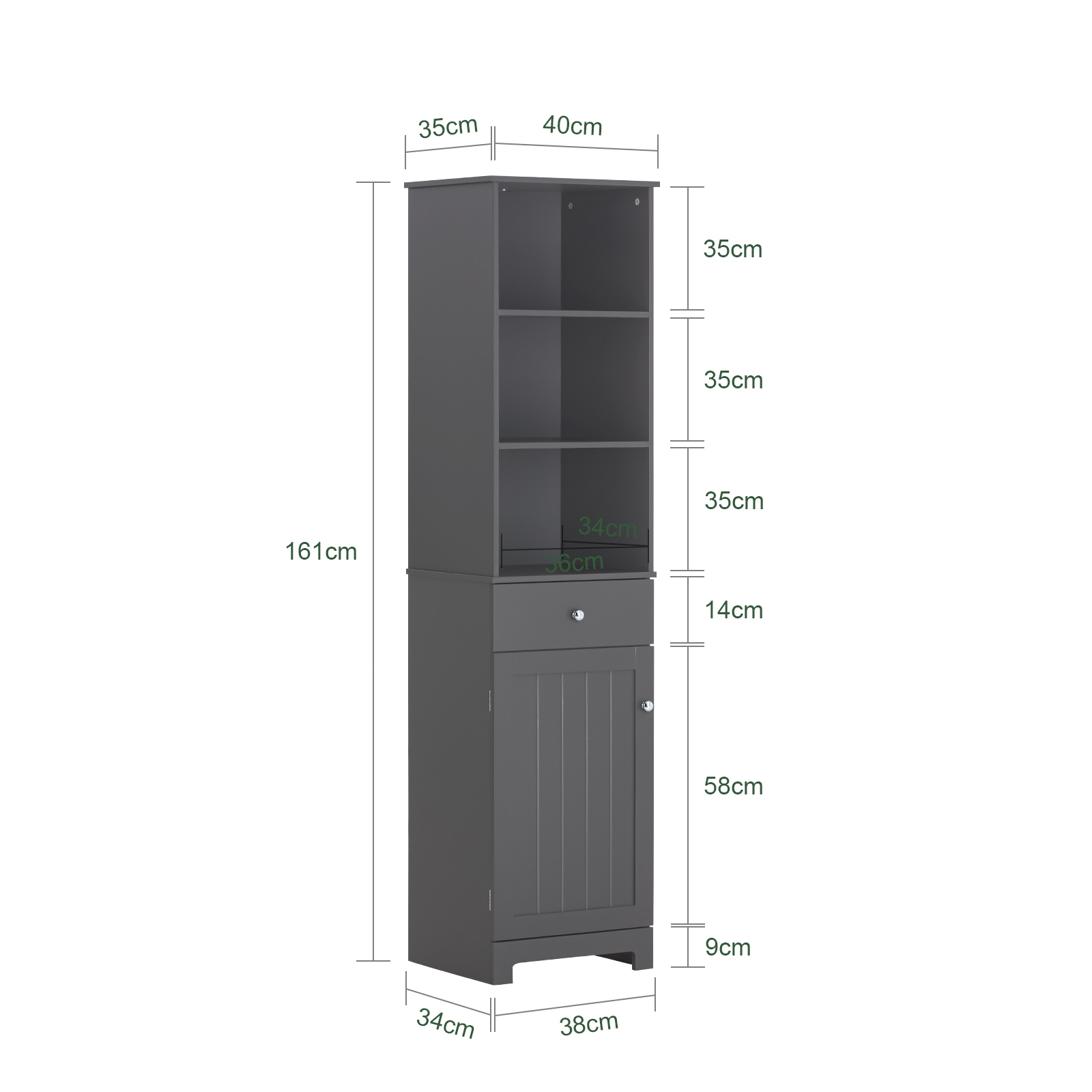 SoBuy BZR17-DG, Tall Bathroom Cabinet Bathroom Storage Cabinet with 3 Shelves 1 Drawer 1 Cabinet, 40x35x161cm
