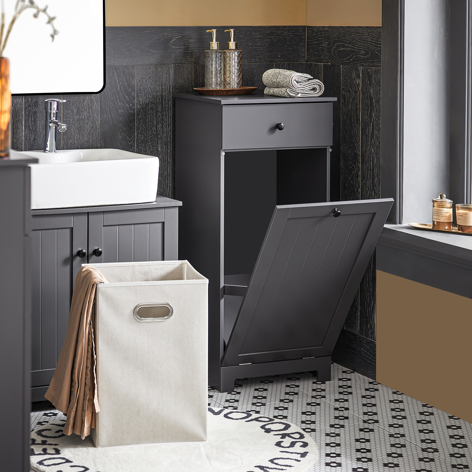 SoBuy BZR21-DG, Bathroom Laundry Basket Bathroom Storage Cabinet Unit with Drawer, 40x38x90cm