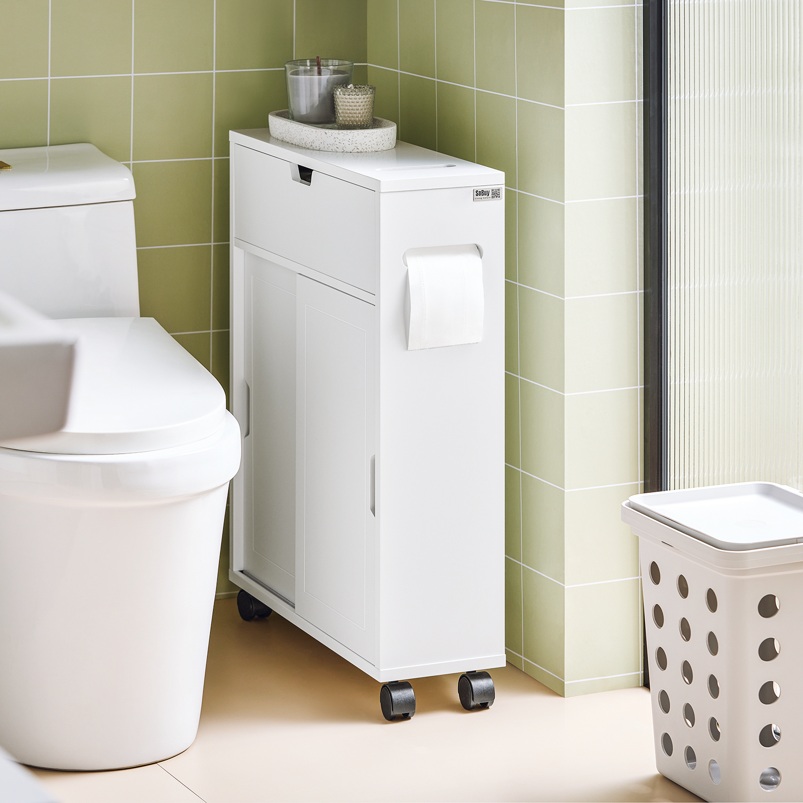 SoBuy Bathroom Cabinet Storage Shelf on Wheels Toilet Paper Cabinet BZR31-W