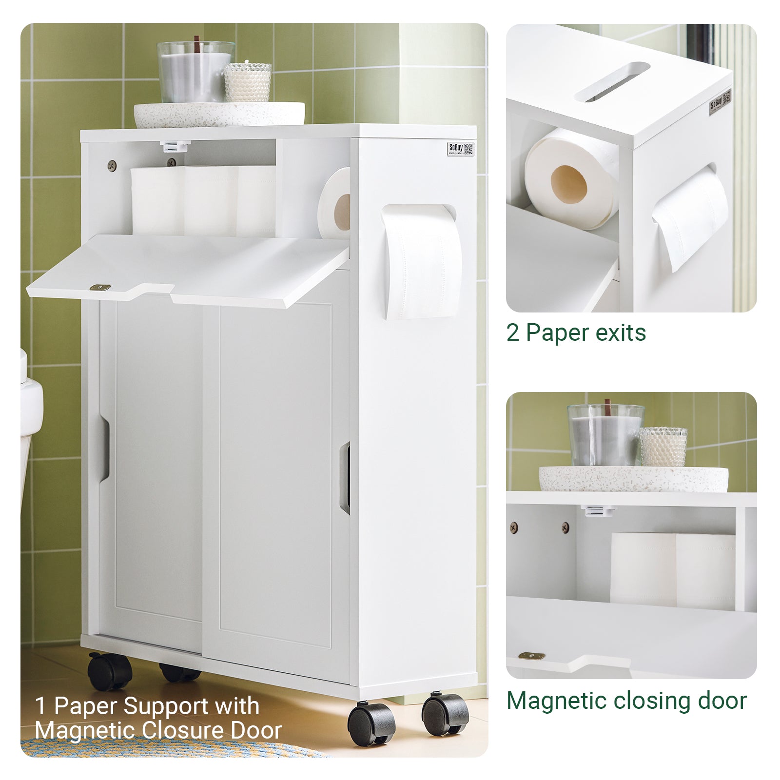 SoBuy Bathroom Cabinet Storage Shelf on Wheels Toilet Paper Cabinet BZR31-W