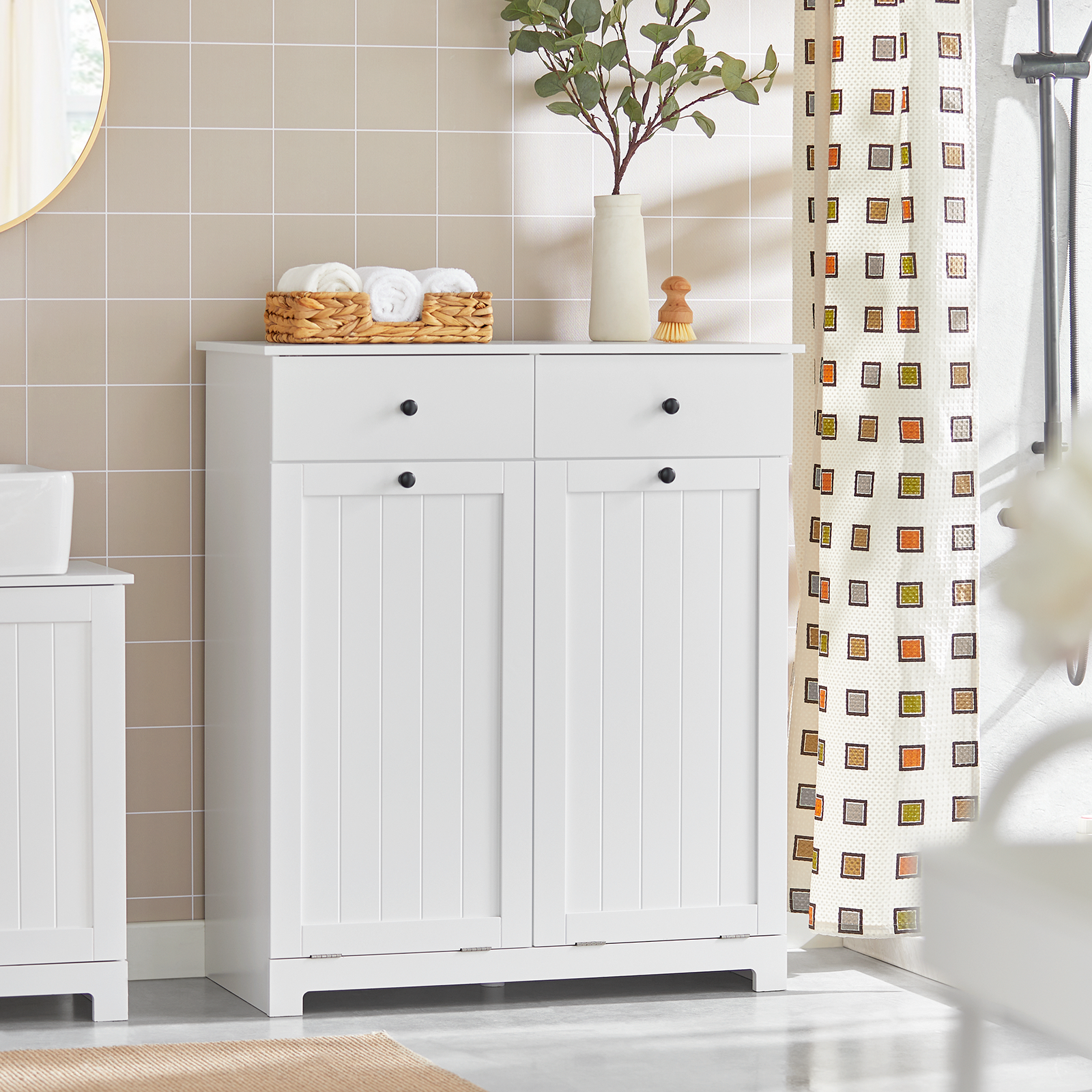 SoBuy Bathroom Laundry Cabinet 2 Drawers 2 Doors Laundry Chest with 2 Removable Laundry Baskets BZR33-W