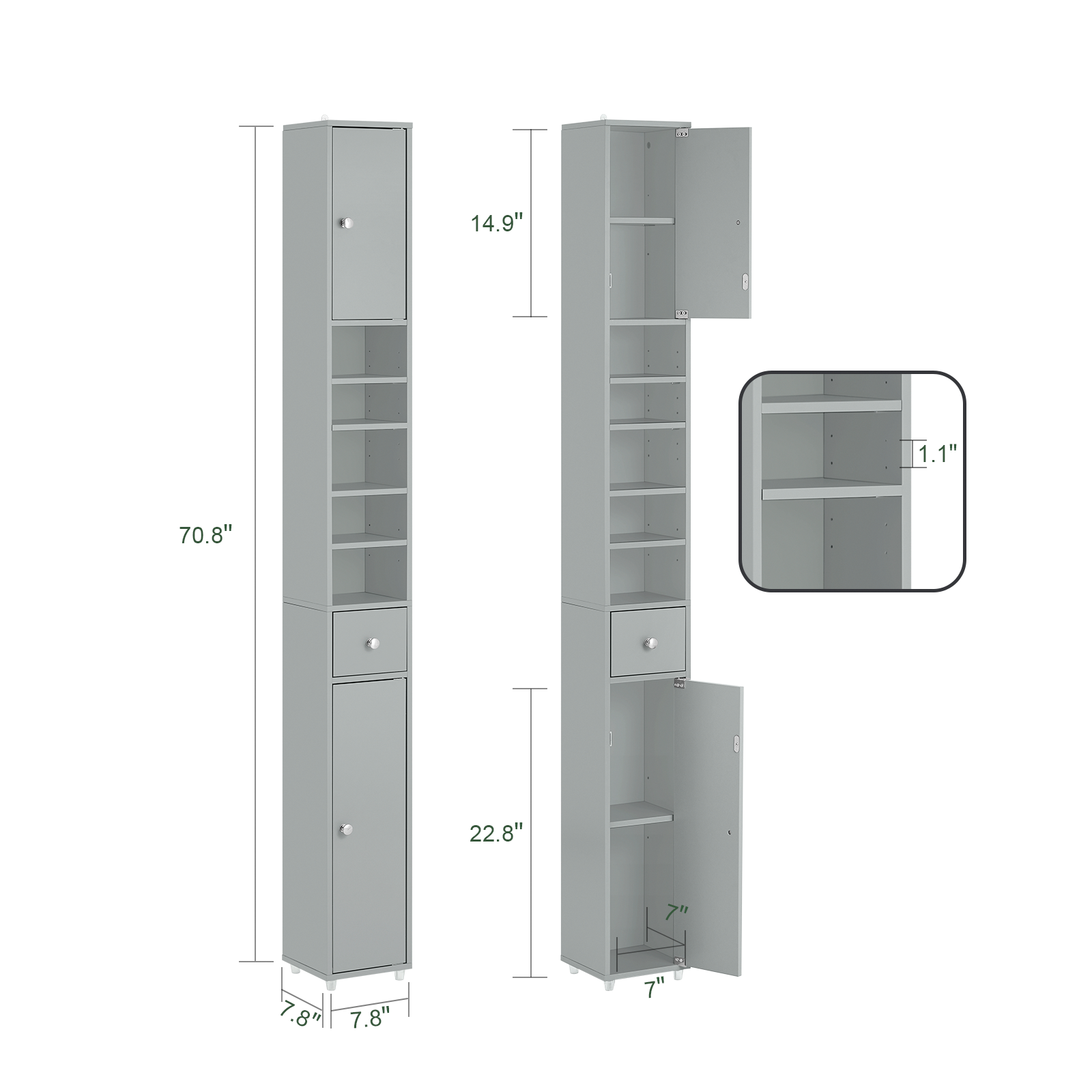 SoBuy BZR34-HG, Grey Bathroom Cabinet Bathroom Shelf Bathroom Tall Cabinet Cupboard, 20x20x180cm