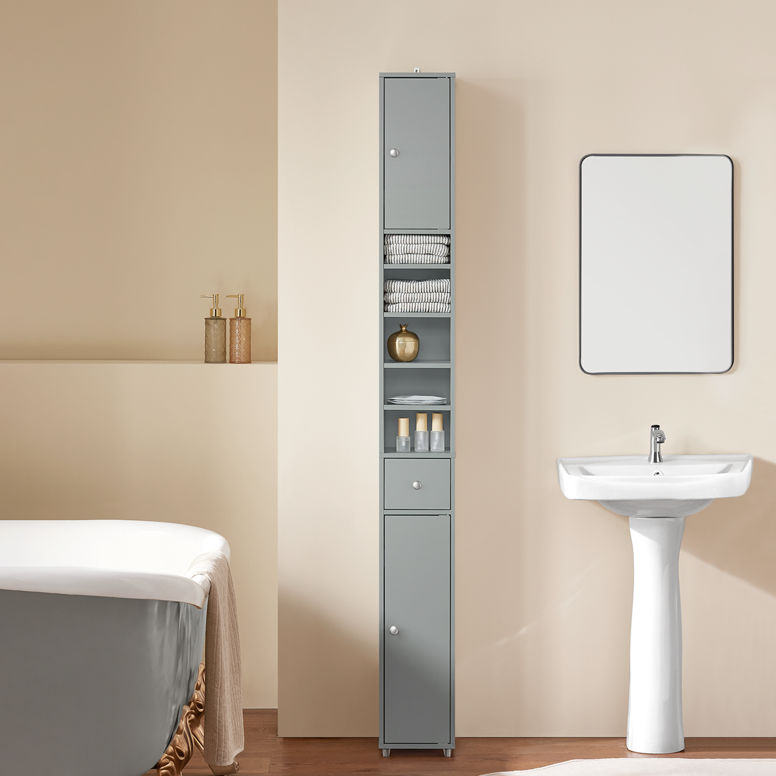 SoBuy BZR34-HG, Grey Bathroom Cabinet Bathroom Shelf Bathroom Tall Cabinet Cupboard, 20x20x180cm