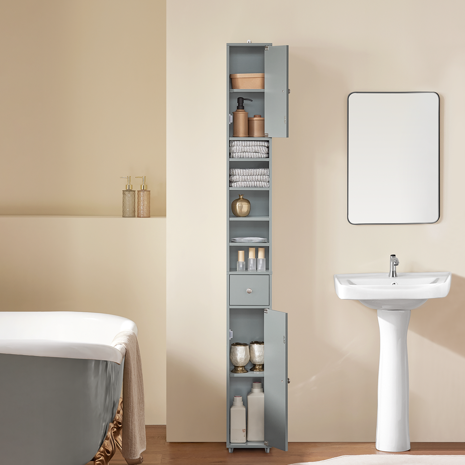 SoBuy BZR34-HG, Grey Bathroom Cabinet Bathroom Shelf Bathroom Tall Cabinet Cupboard, 20x20x180cm