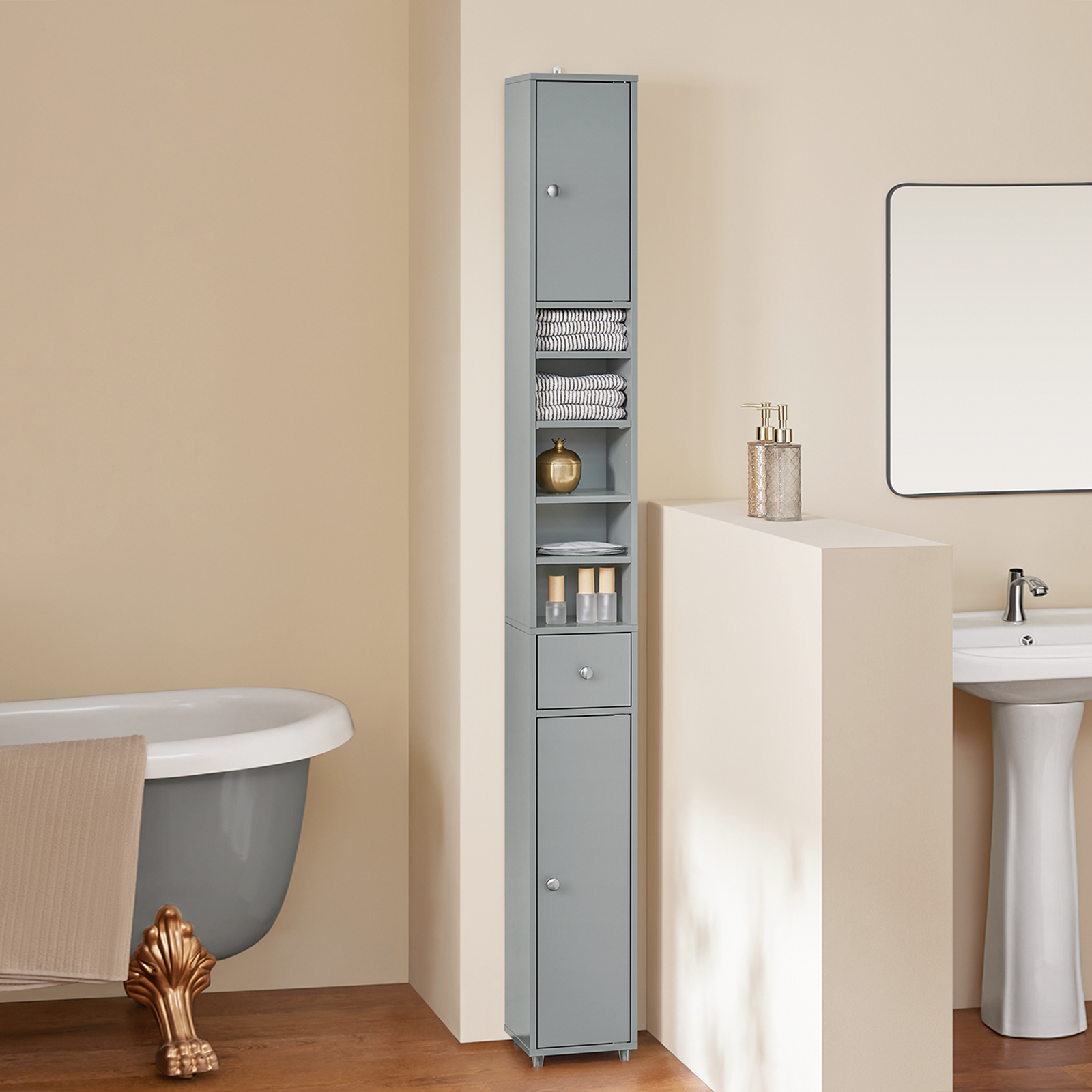 SoBuy BZR34-HG, Grey Bathroom Cabinet Bathroom Shelf Bathroom Tall Cabinet Cupboard, 20x20x180cm