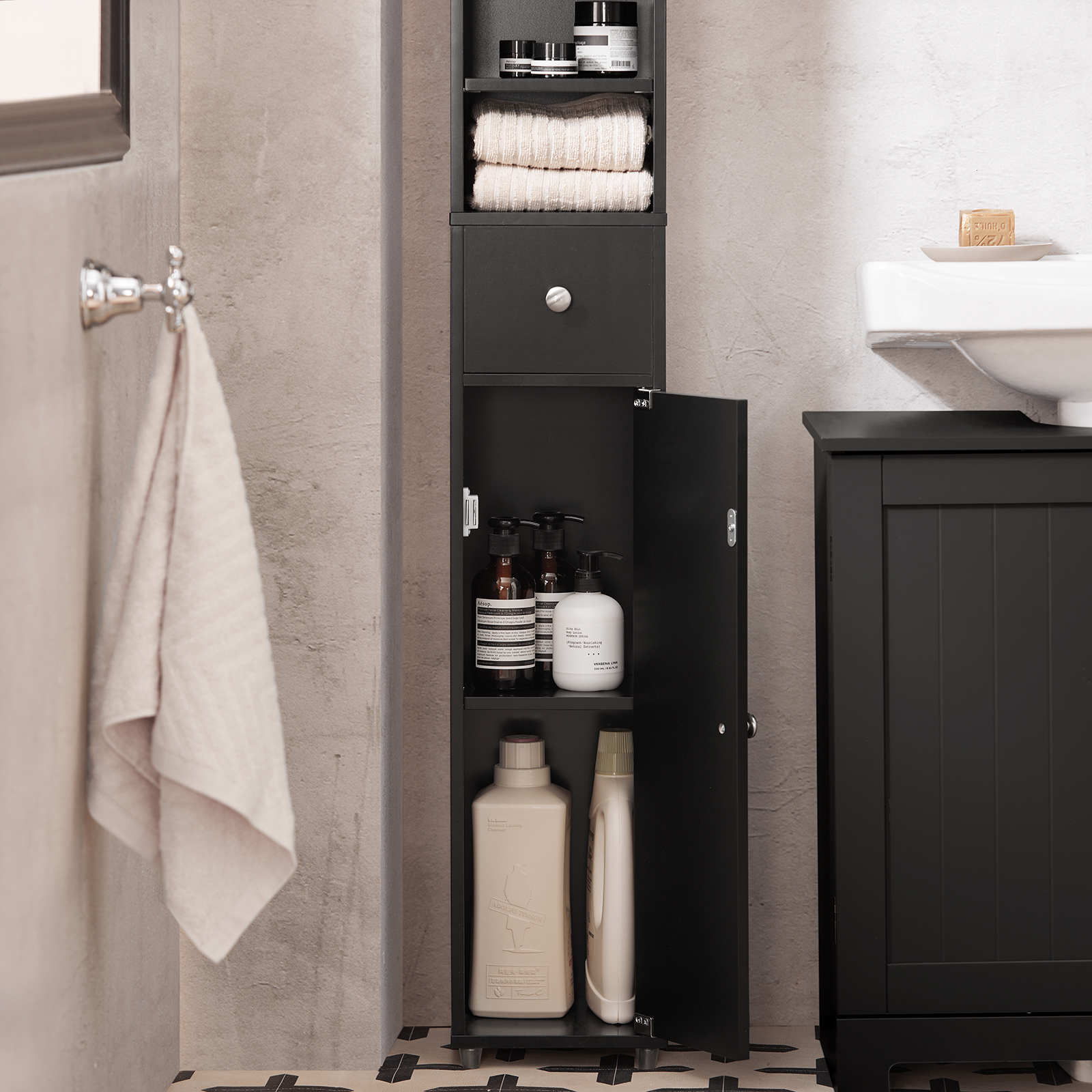 SoBuy BZR34-SCH, Black Bathroom Cabinet Bathroom Shelf Bathroom Tall Cabinet Cupboard, 20x20x180cm
