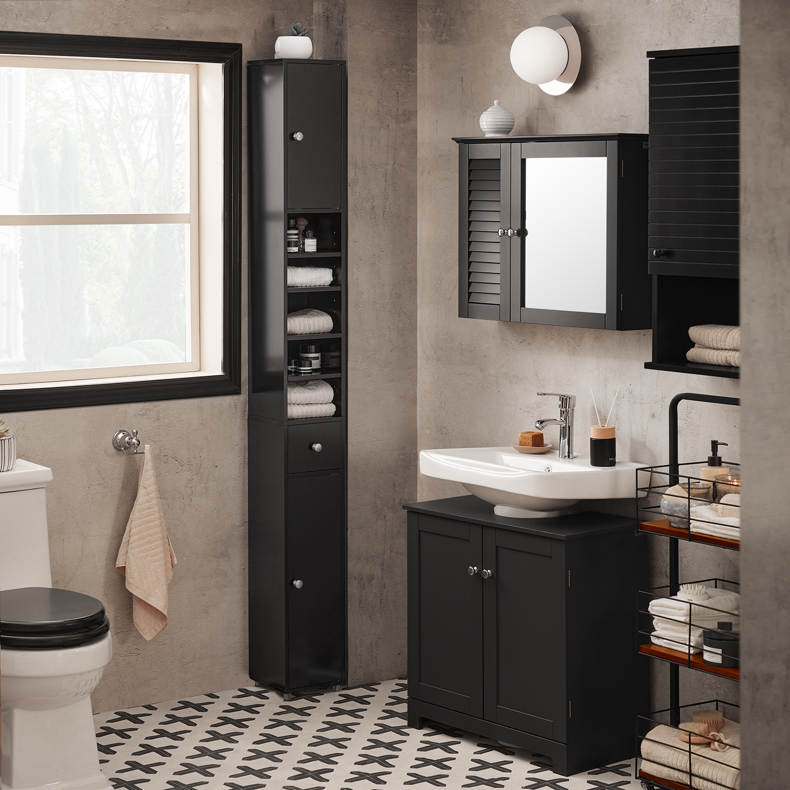 SoBuy BZR34-SCH, Black Bathroom Cabinet Bathroom Shelf Bathroom Tall Cabinet Cupboard, 20x20x180cm