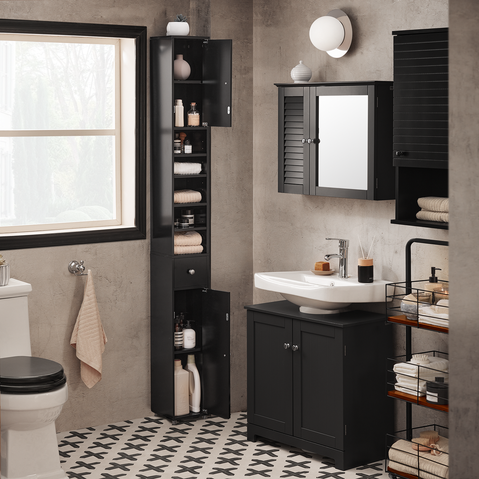 SoBuy BZR34-SCH, Black Bathroom Cabinet Bathroom Shelf Bathroom Tall Cabinet Cupboard, 20x20x180cm