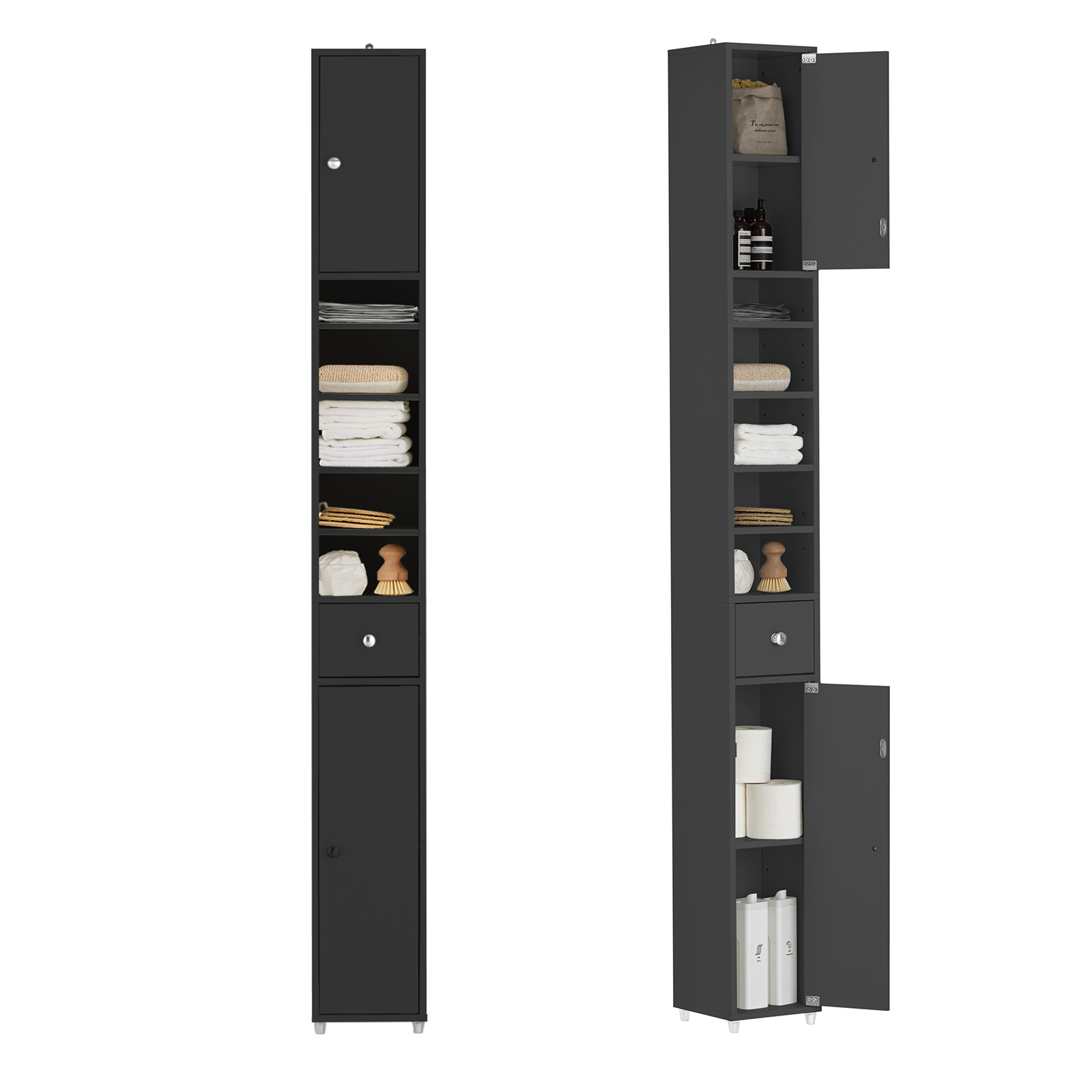 SoBuy BZR34-SCH, Black Bathroom Cabinet Bathroom Shelf Bathroom Tall Cabinet Cupboard, 20x20x180cm