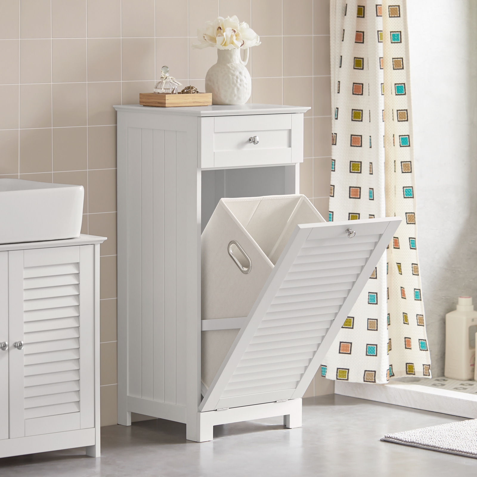 SoBuy BZR73-W,Bathroom Storage Cabinet Unit with Drawer&Laundry Basket,Laundry Cabinet White