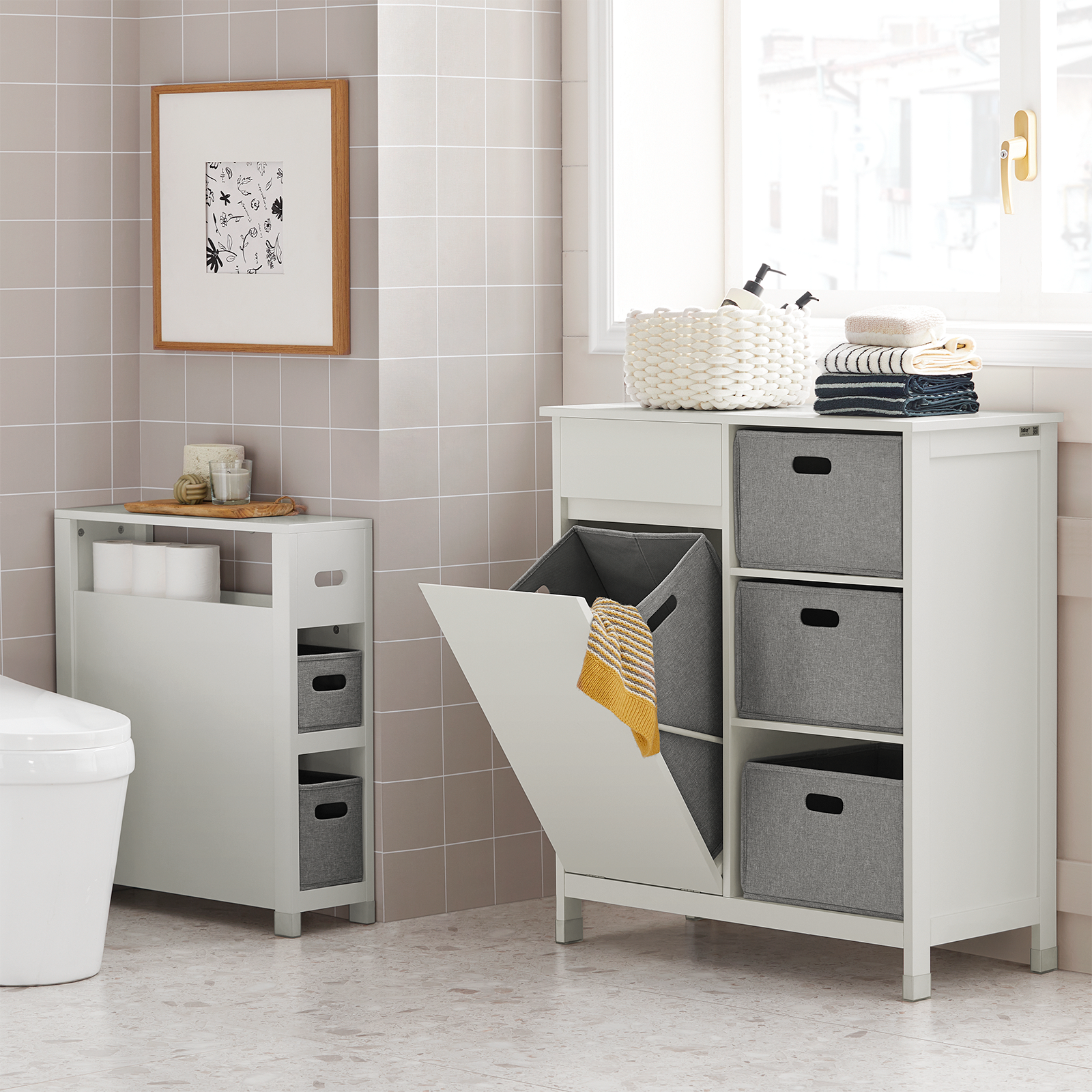SoBuy BZR77-W Laundry Basket Laundry Chest Bathroom Cabinet Storage Cabinet