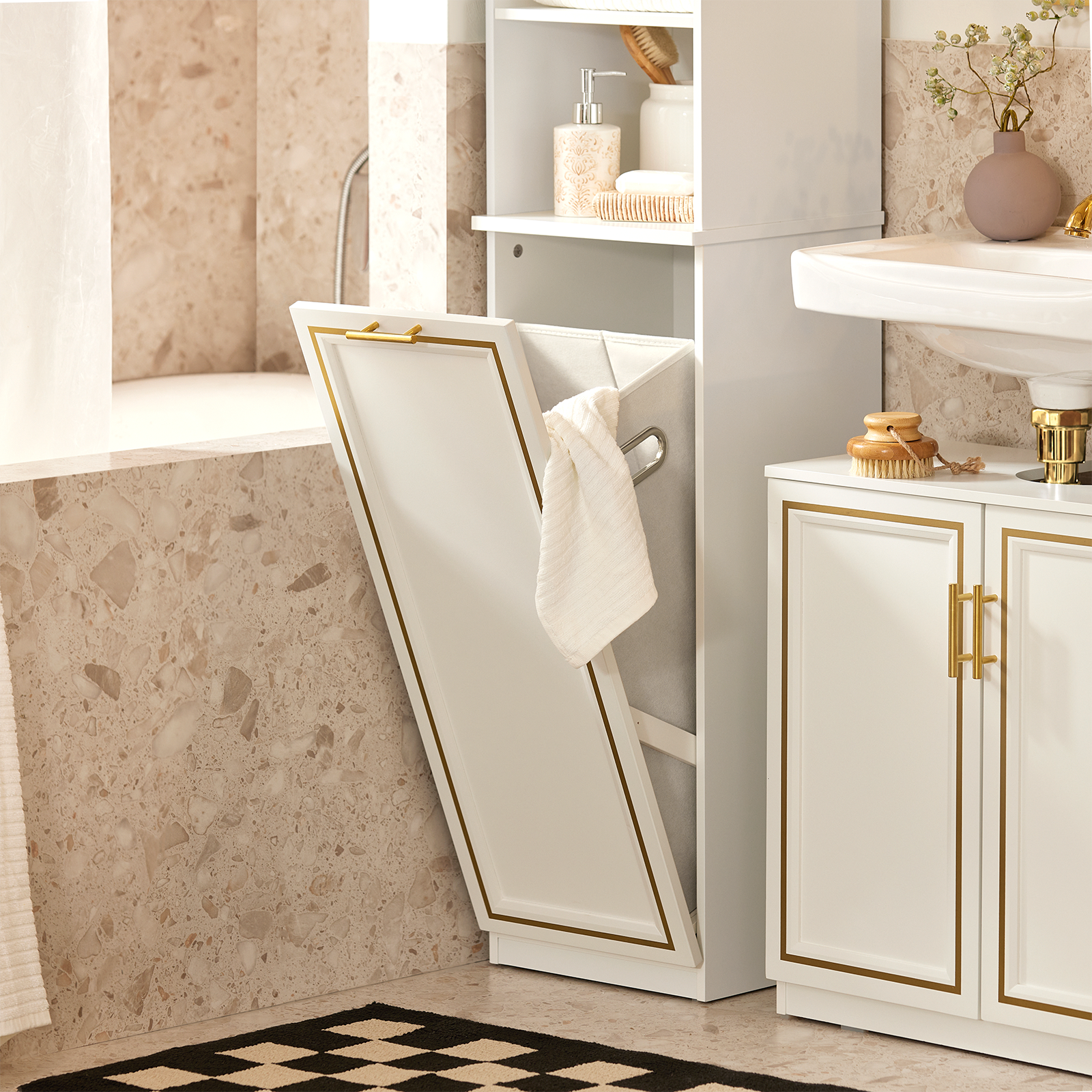 SoBuy Bathroom Tall Cabinet Cupboard Storage Cabinet with Laundry Basket BZR87-W