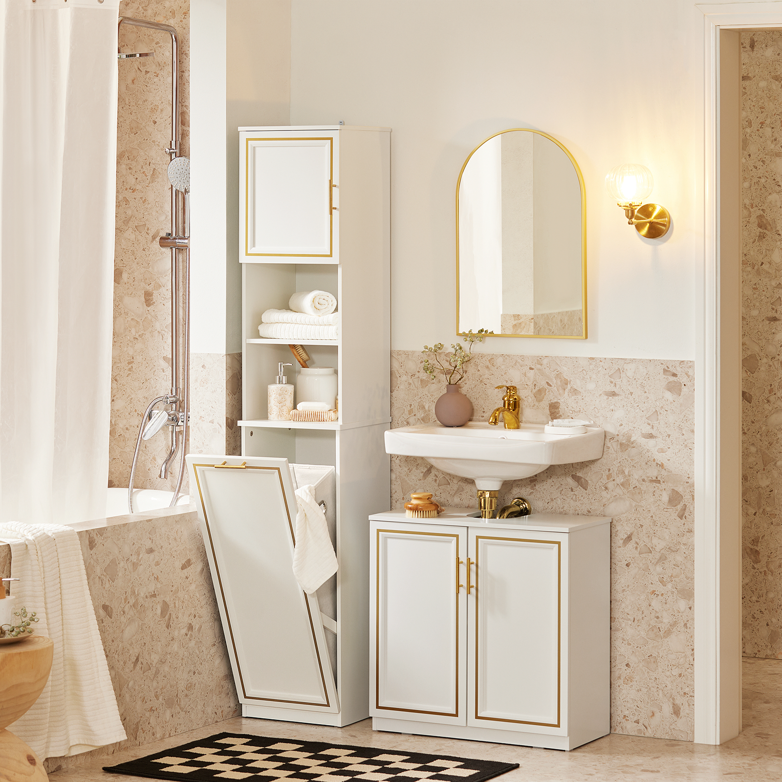 SoBuy Bathroom Tall Cabinet Cupboard Storage Cabinet with Laundry Basket BZR87-W