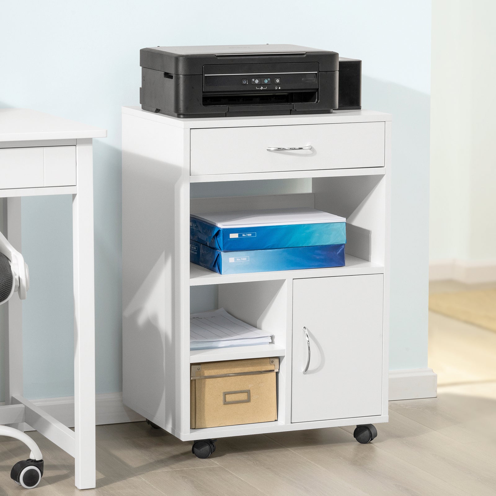 SoBuy Printer Table with Drawer and Door Filing Cabinet Office Trolley FBT106-W