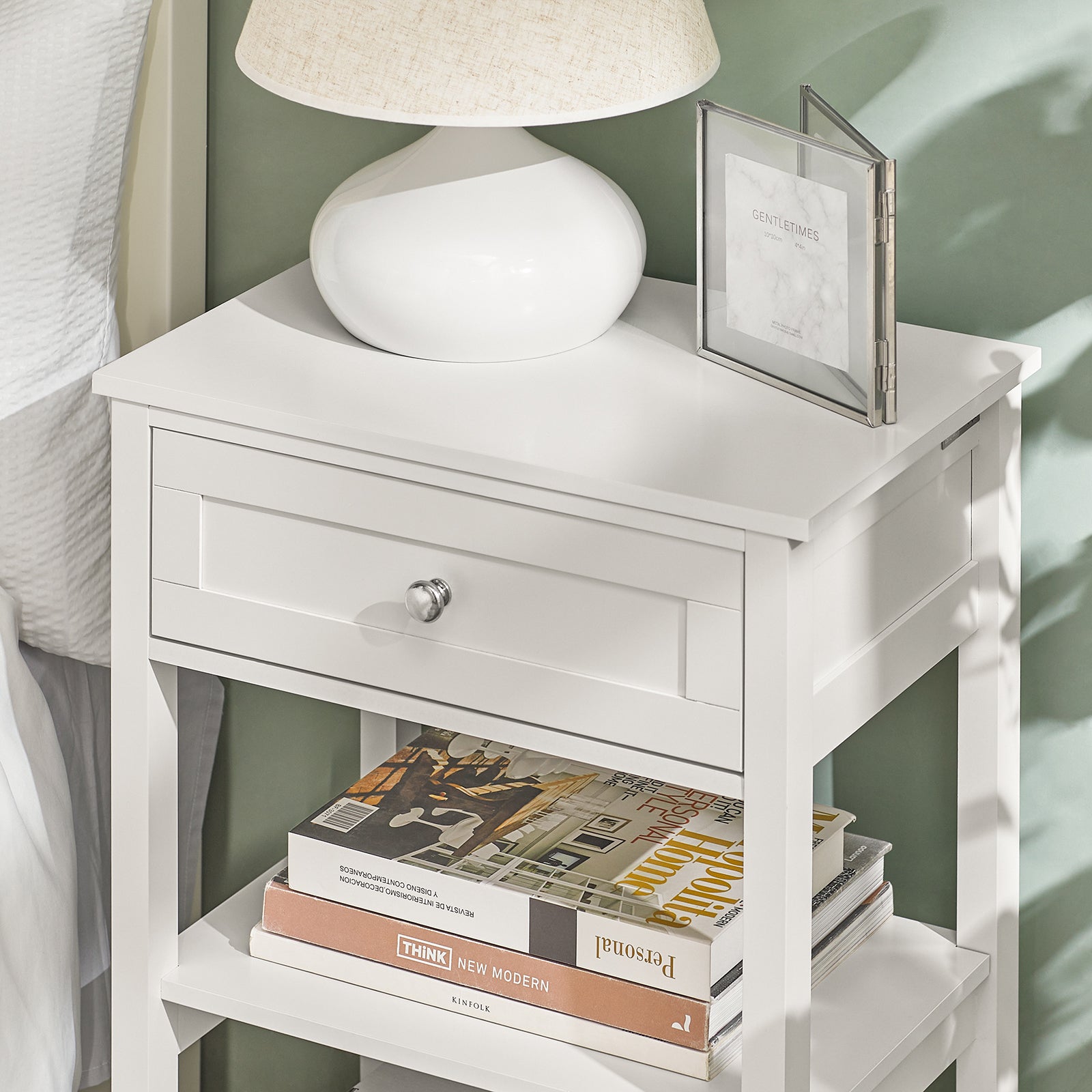SoBuy FBT46-W,Beside Table with 1 Drawer 2 Shelves,End Table Lamp Table Side Table Night Stand, White