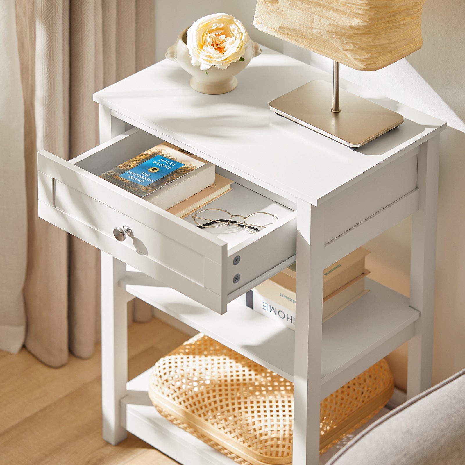 SoBuy FBT46-W,Beside Table with 1 Drawer 2 Shelves,End Table Lamp Table Side Table Night Stand, White