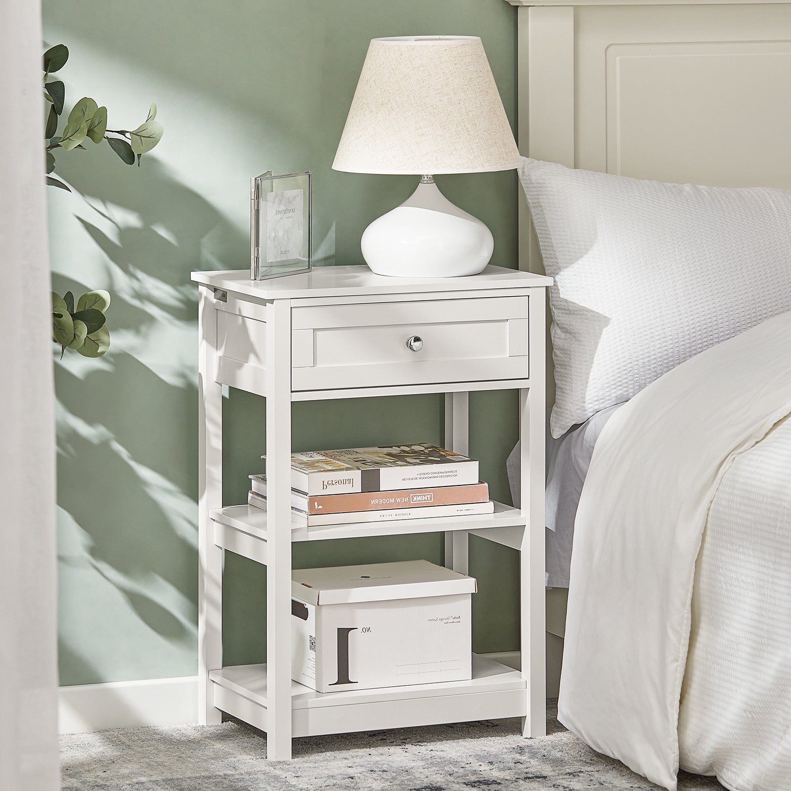 SoBuy FBT46-W,Beside Table with 1 Drawer 2 Shelves,End Table Lamp Table Side Table Night Stand, White