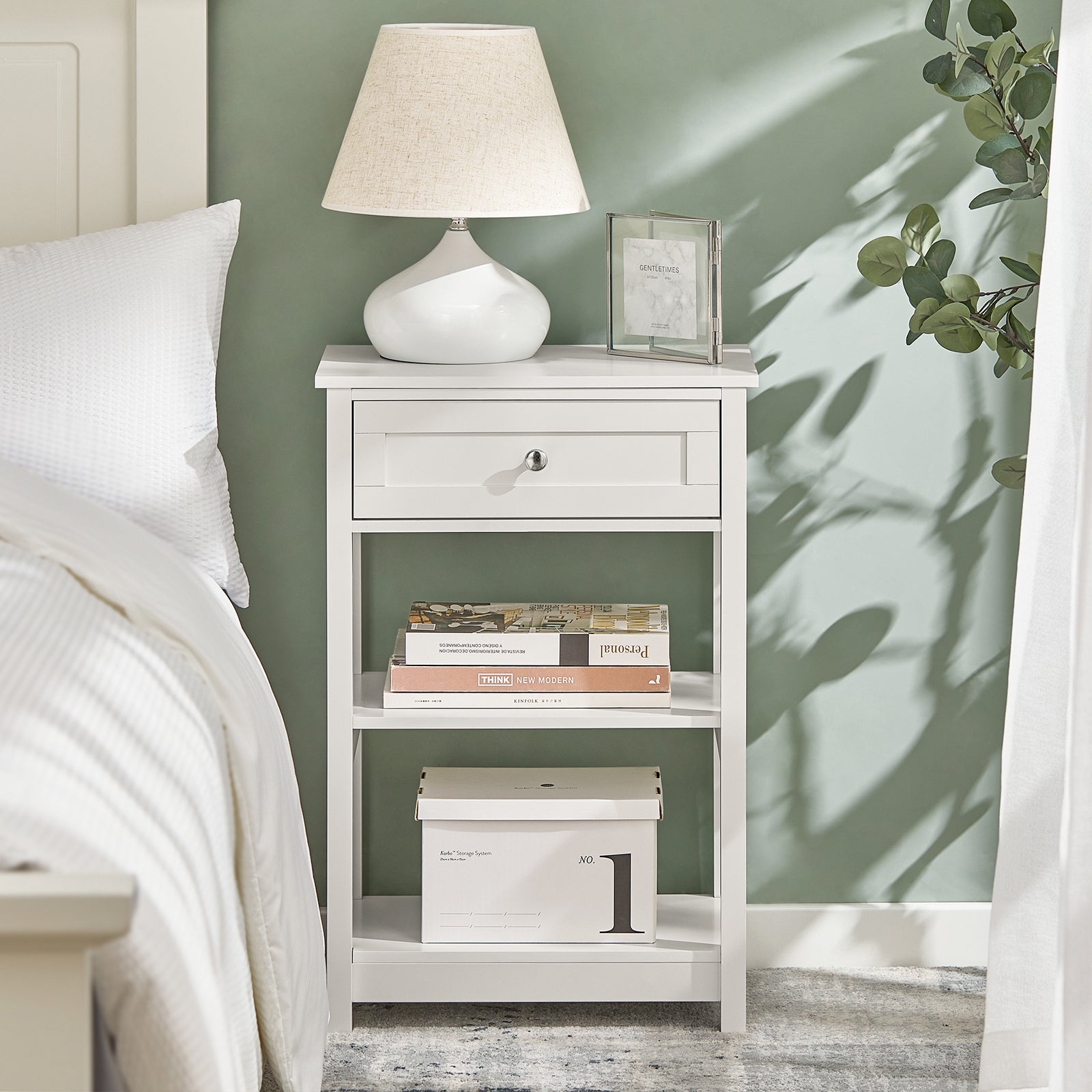 SoBuy FBT46-W,Beside Table with 1 Drawer 2 Shelves,End Table Lamp Table Side Table Night Stand, White