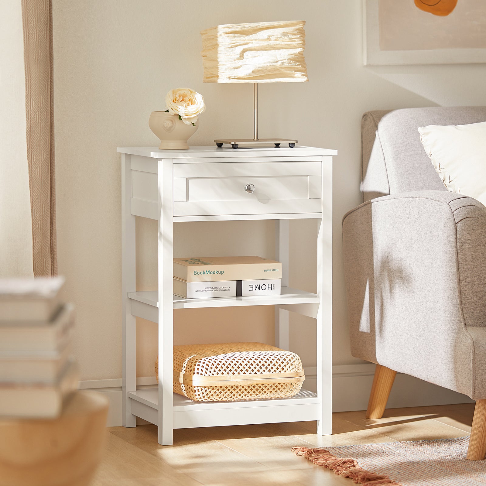 SoBuy FBT46-W,Beside Table with 1 Drawer 2 Shelves,End Table Lamp Table Side Table Night Stand, White