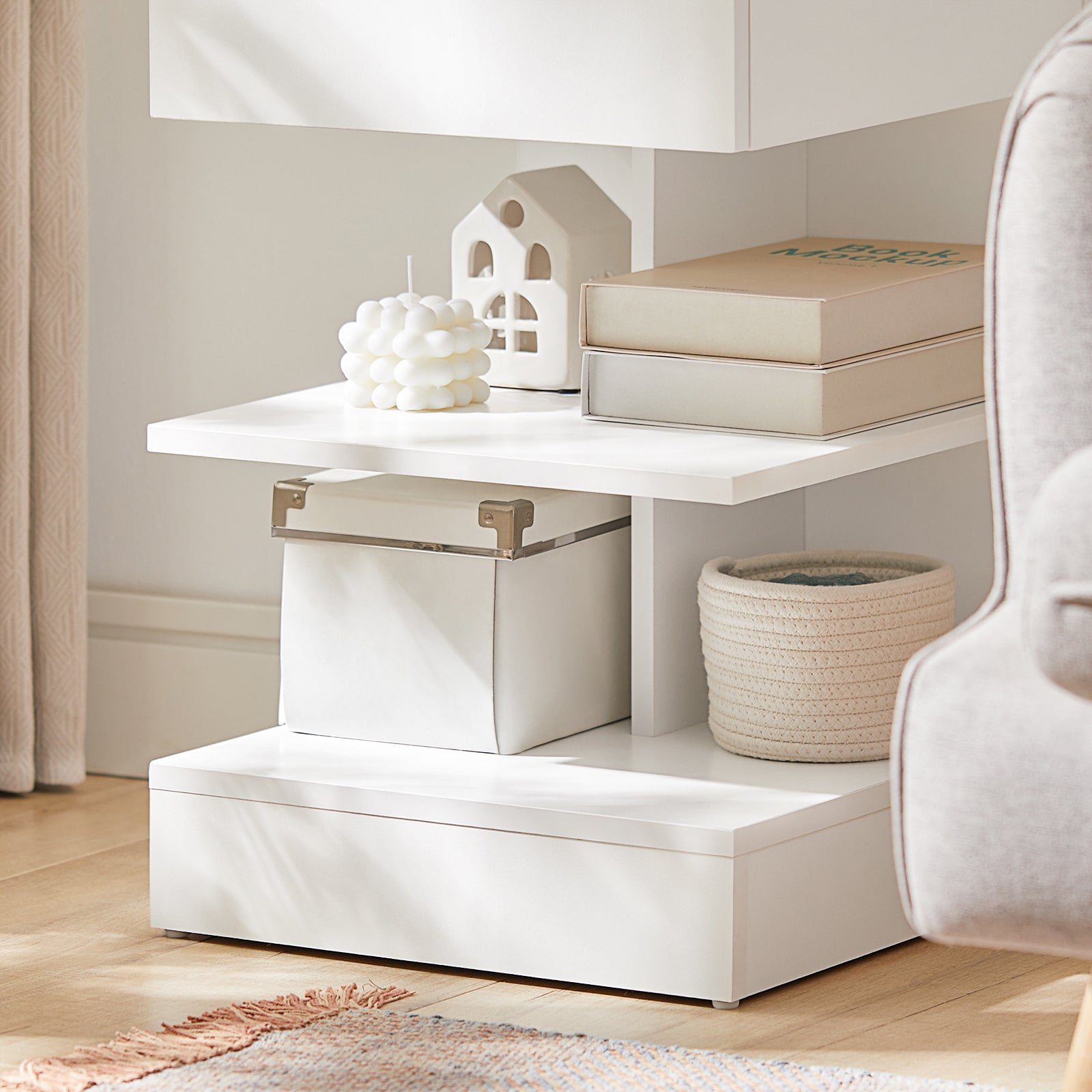 SoBuy Home Wood Bedside End Table with Drawer & Storage Shelves White,FBT49-W