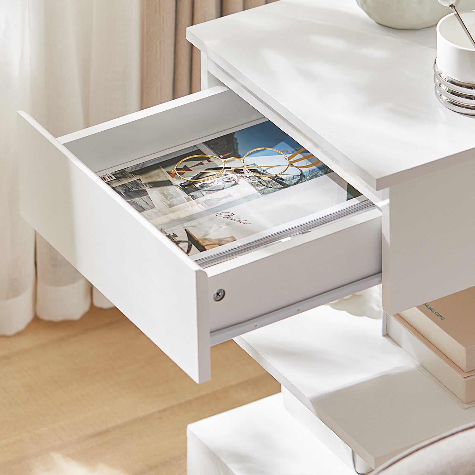 SoBuy Home Wood Bedside End Table with Drawer & Storage Shelves White,FBT49-W