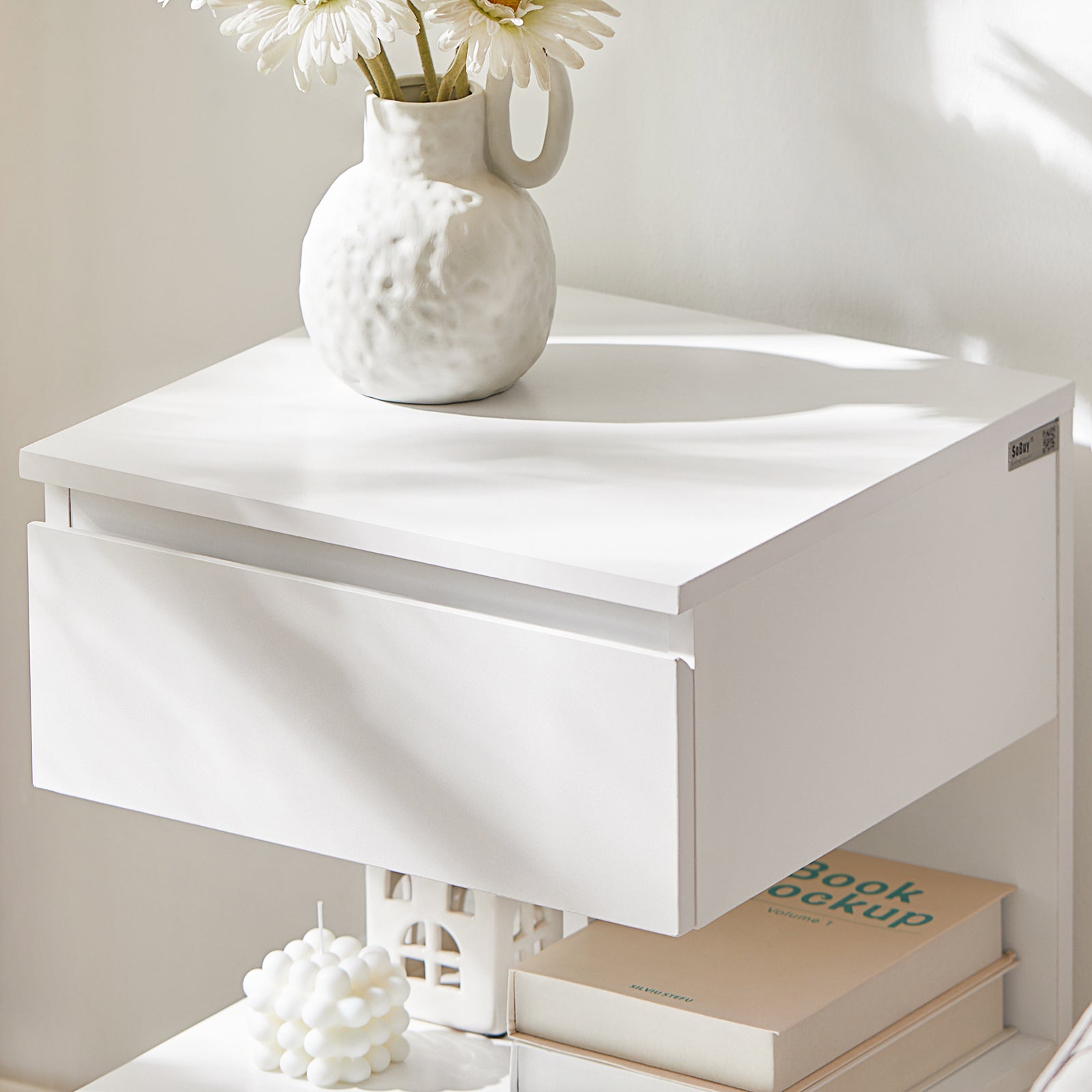 SoBuy Home Wood Bedside End Table with Drawer & Storage Shelves White,FBT49-W