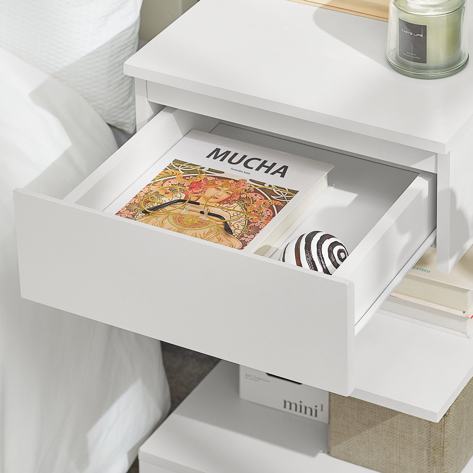 SoBuy Home Wood Bedside End Table with Drawer & Storage Shelves White,FBT49-W