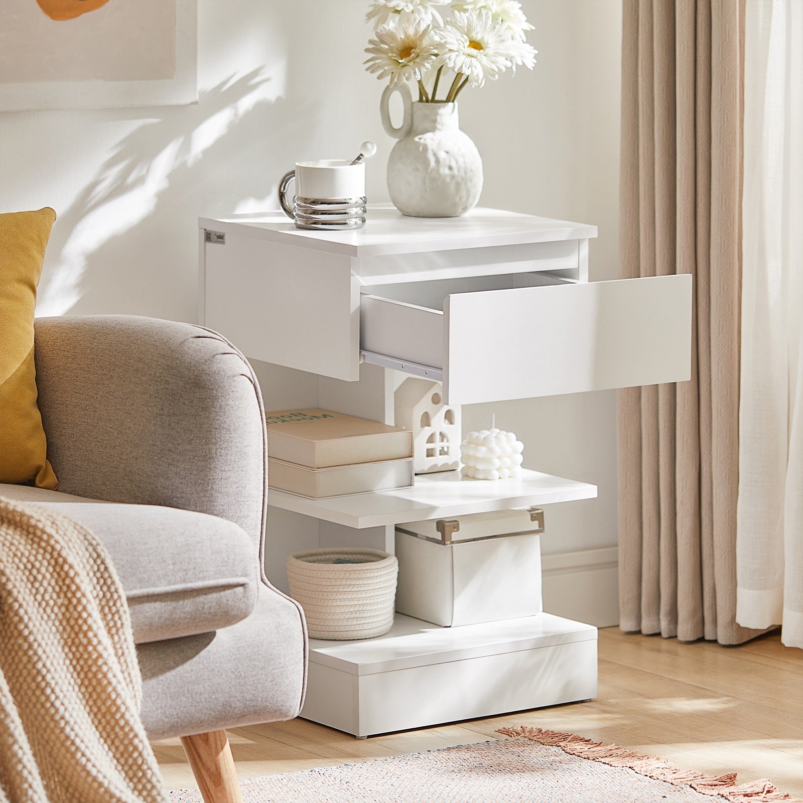 SoBuy Home Wood Bedside End Table with Drawer & Storage Shelves White,FBT49-W
