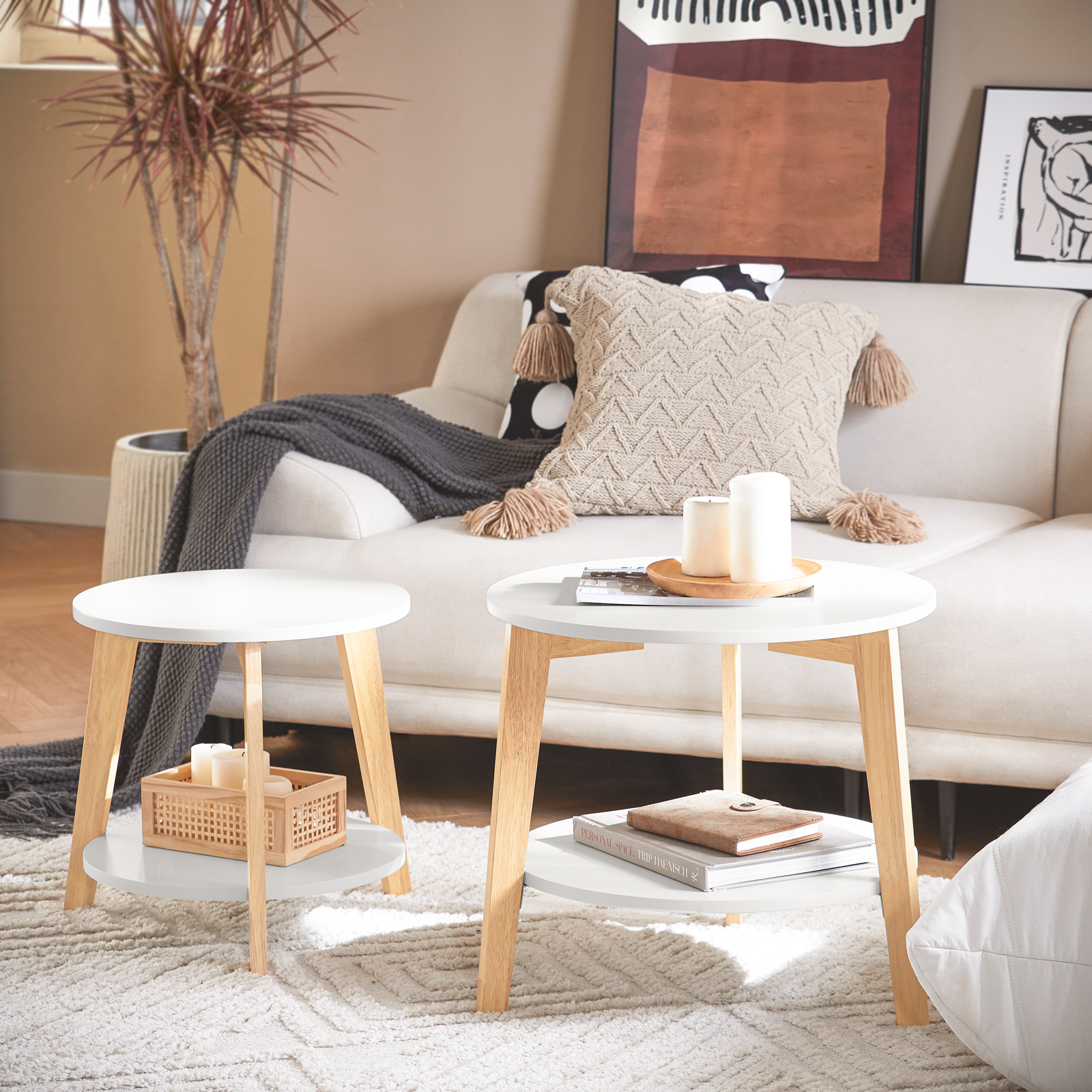 SoBuy Set of 2 Side Tables with Storage, Living Room Tables Nesting Tables FBT75-W